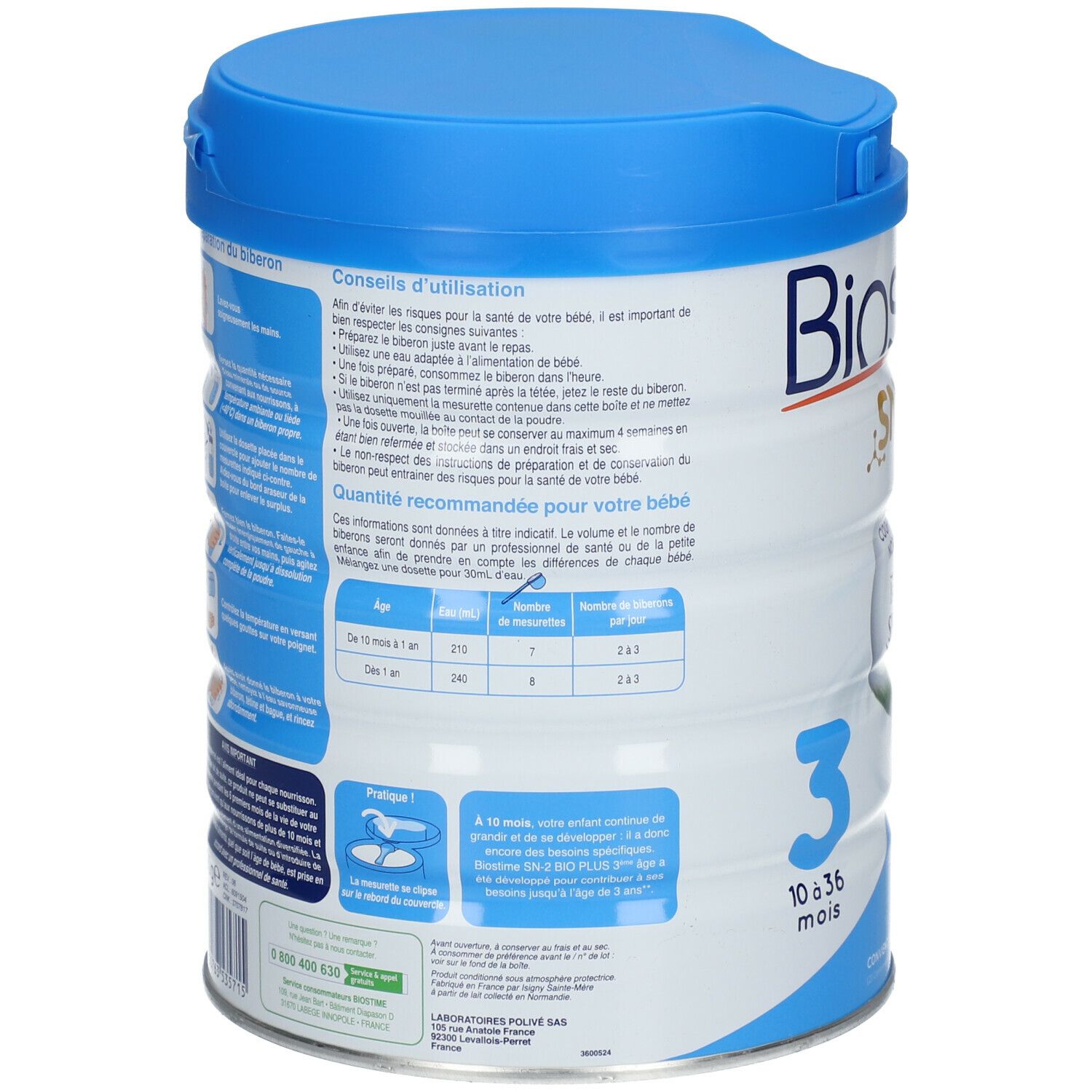 Dos de la boîte bleue. Conseils d'utilisation, tableau de dosage, ingrédients. Biostime, 3, 10 à 36 mois.