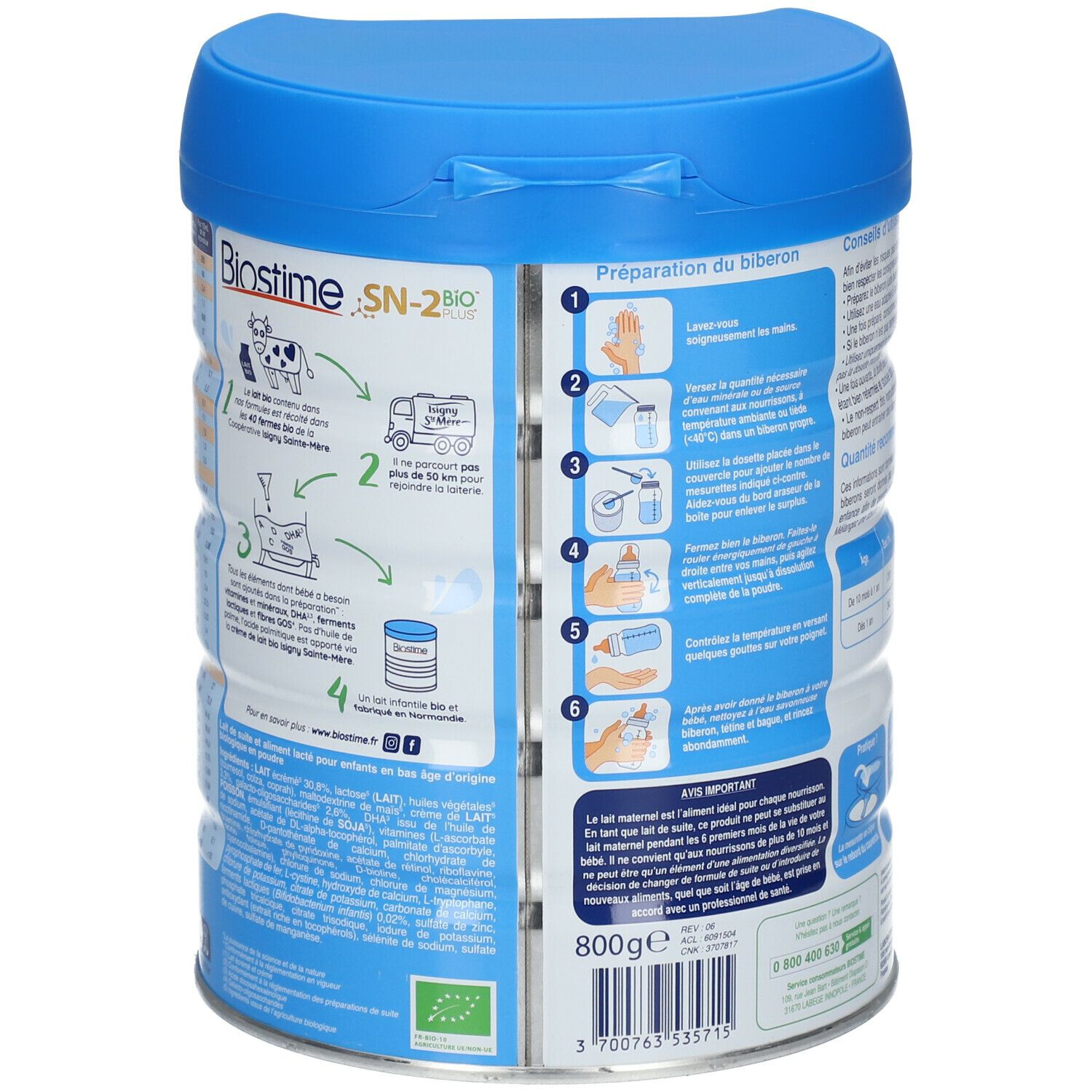 Dos de la boîte bleue. Instructions de préparation illustrées. Biostime, 3, 10 à 36 mois, 800g, certification bio.