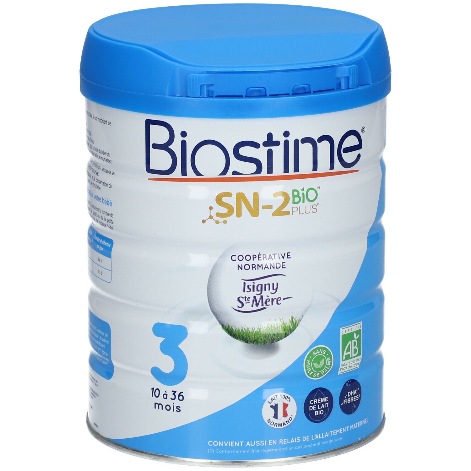 Boîte bleue Biostime, SN-2 BIO PLUS, 3, 10 à 36 mois. Coopérative Normandie, Isigny Sainte-Mère, certification bio.