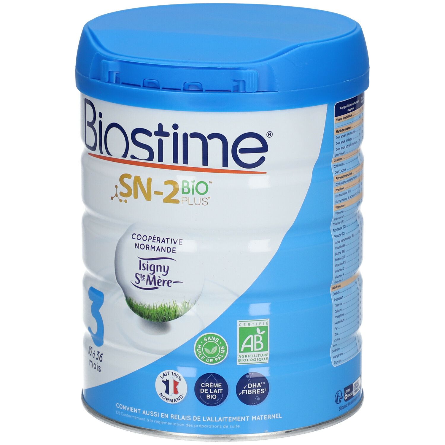 Boîte bleue Biostime, SN-2 BIO PLUS, 3, 10 à 36 mois. Coopérative Normandie, Isigny Sainte-Mère, certification bio.