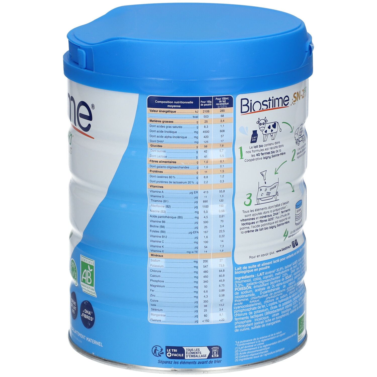 Dos de la boîte bleue. Informations nutritionnelles, ingrédients. Biostime SN-2 BIO PLUS, certification bio.
