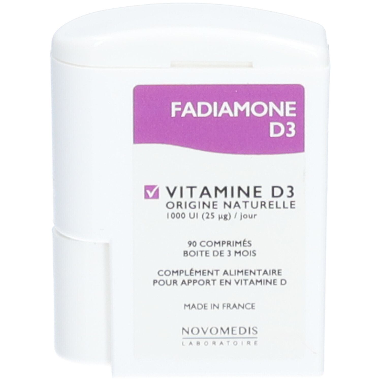Boîte blanche de comprimés avec étiquette violette. Inscription: Fadiamone D3, Vitamine D3, 90 comprimés, origine France.