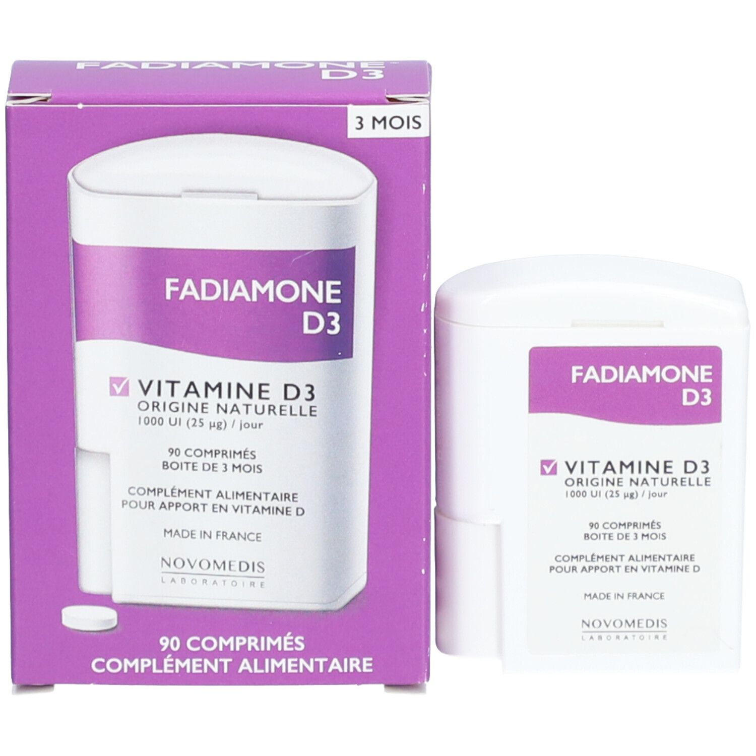 Emballage du produit avec boîte et étui. Étui violet avec boîte blanche. Inscription: Fadiamone D3, Vitamine D3, 90 comprimés.