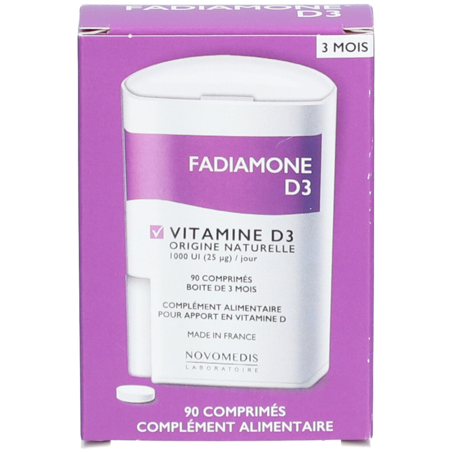 Emballage du produit. Boîte violette avec boîte de comprimés blanche. Inscription: Fadiamone D3, Vitamine D3, 90 comprimés, 3 mois.