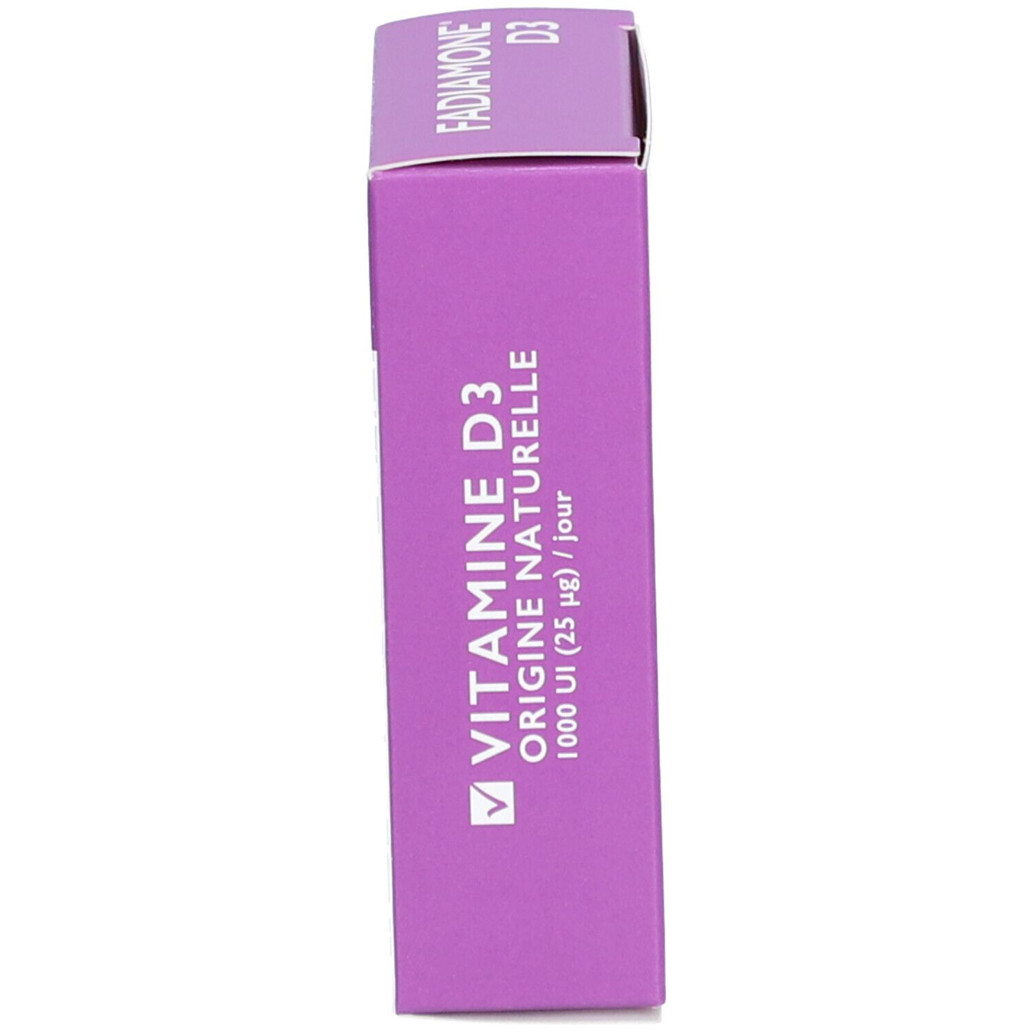 Vue latérale de l'emballage du produit. Boîte violette avec inscription: Fadiamone D3, Vitamine D3.