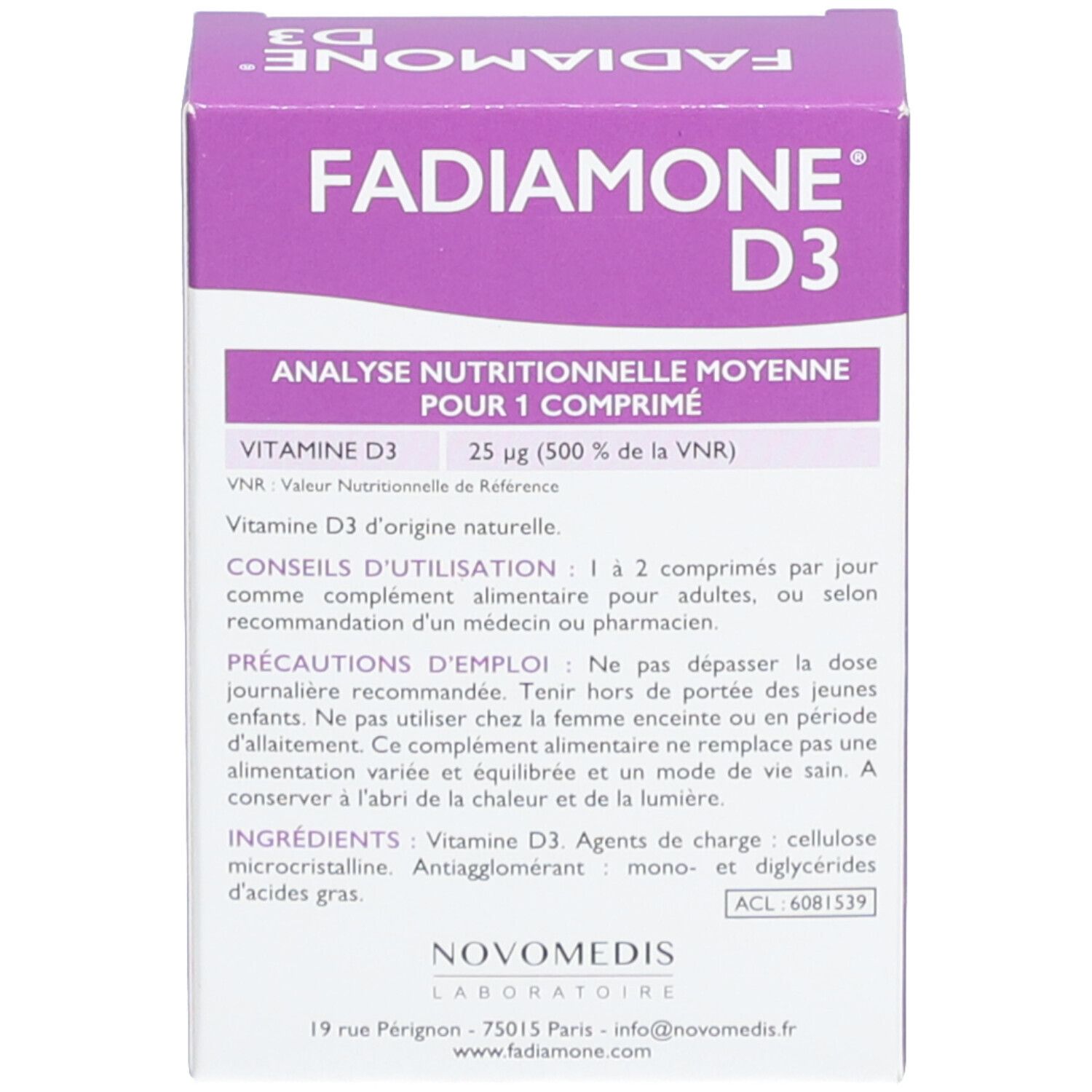 Dos de la boîte. Étiquette violette avec analyse nutritionnelle, ingrédients et informations fabricant. Inscription: Fadiamone D3.