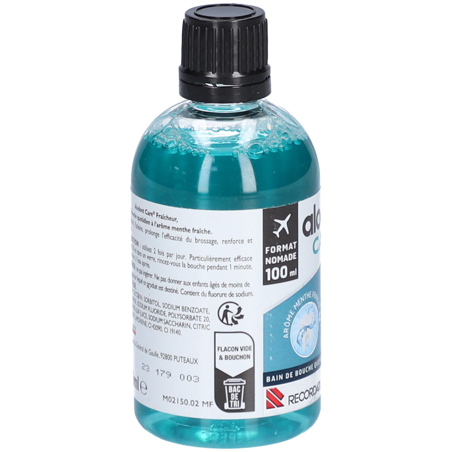 Flacon transparent avec liquide bleu et bouchon noir. Inscription: alodont CARE. 100 ml. Texte sur l'étiquette.