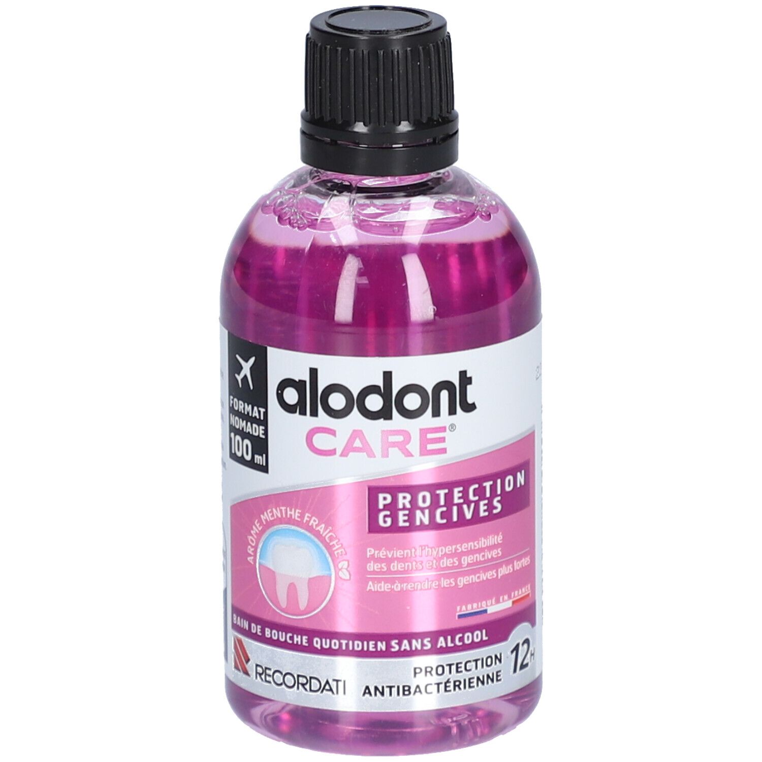 Mondspoeling in transparante fles met zwarte dop. Opschrift: alodont CARE, PROTECTION GENCIVES, zonder alcohol. Smaak: frisse munt.