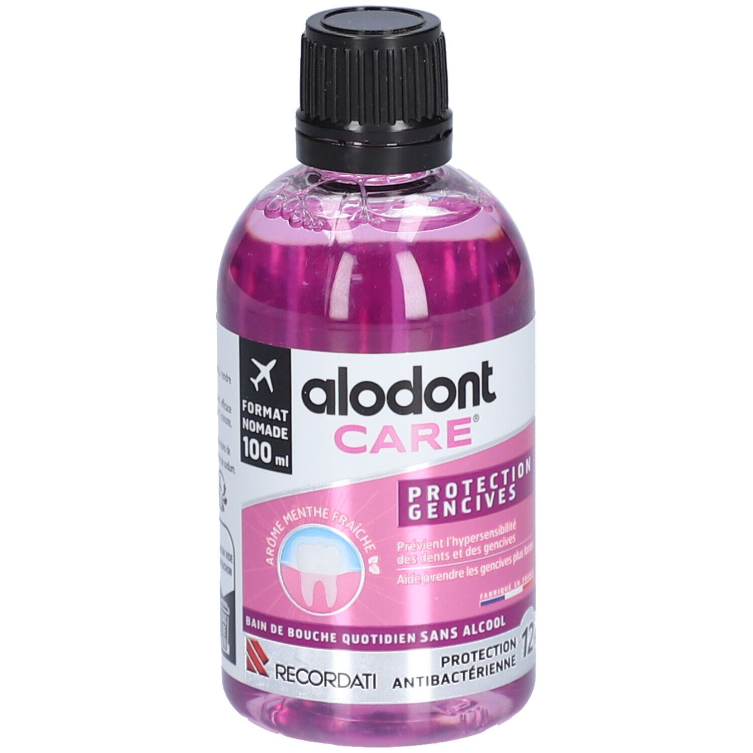 Mondspoeling in transparante fles met zwarte dop. Opschrift: alodont CARE, PROTECTION GENCIVES, zonder alcohol. Smaak: frisse munt.