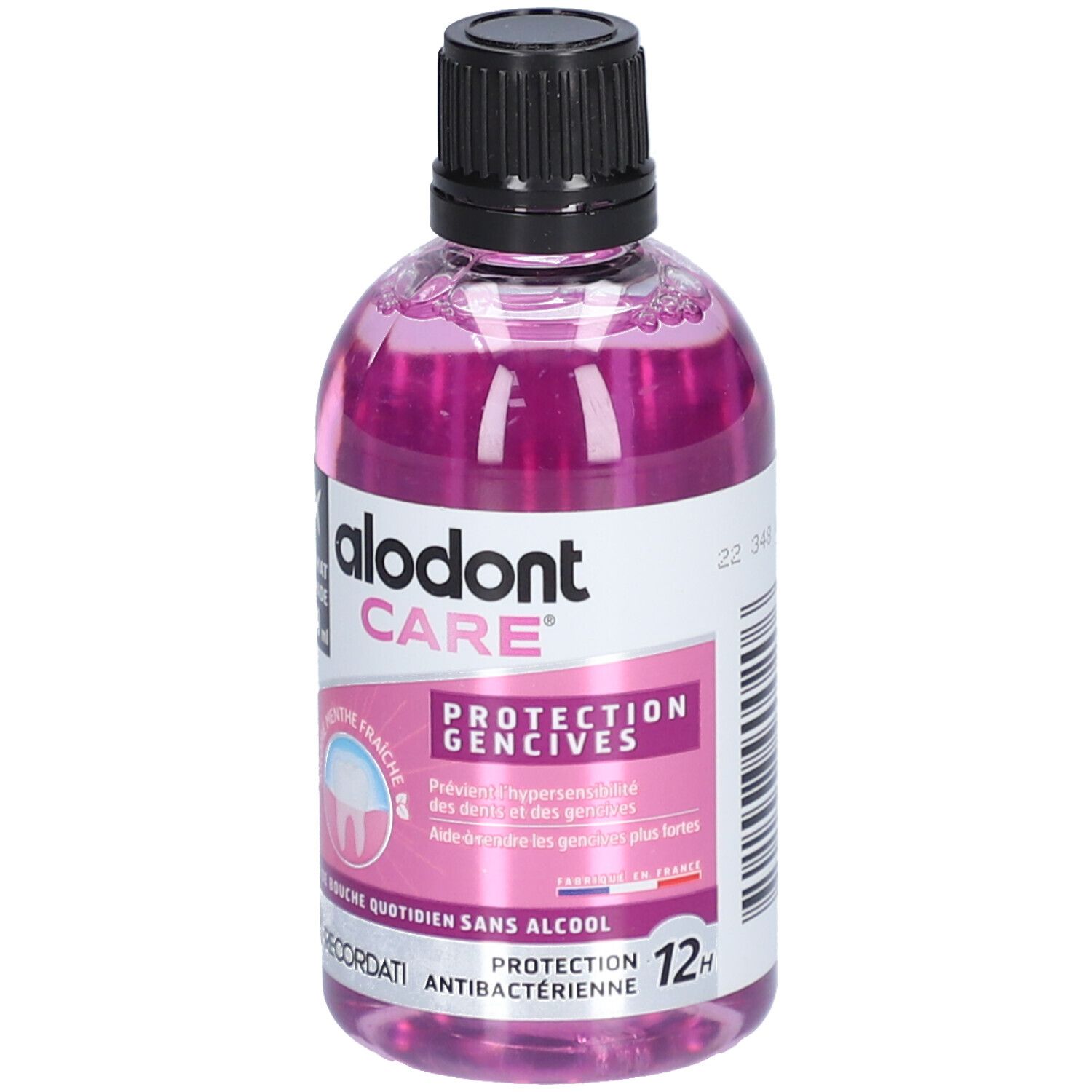 Mondspoeling in transparante fles met zwarte dop. Opschrift: alodont CARE, PROTECTION GENCIVES, zonder alcohol. Smaak: frisse munt.
