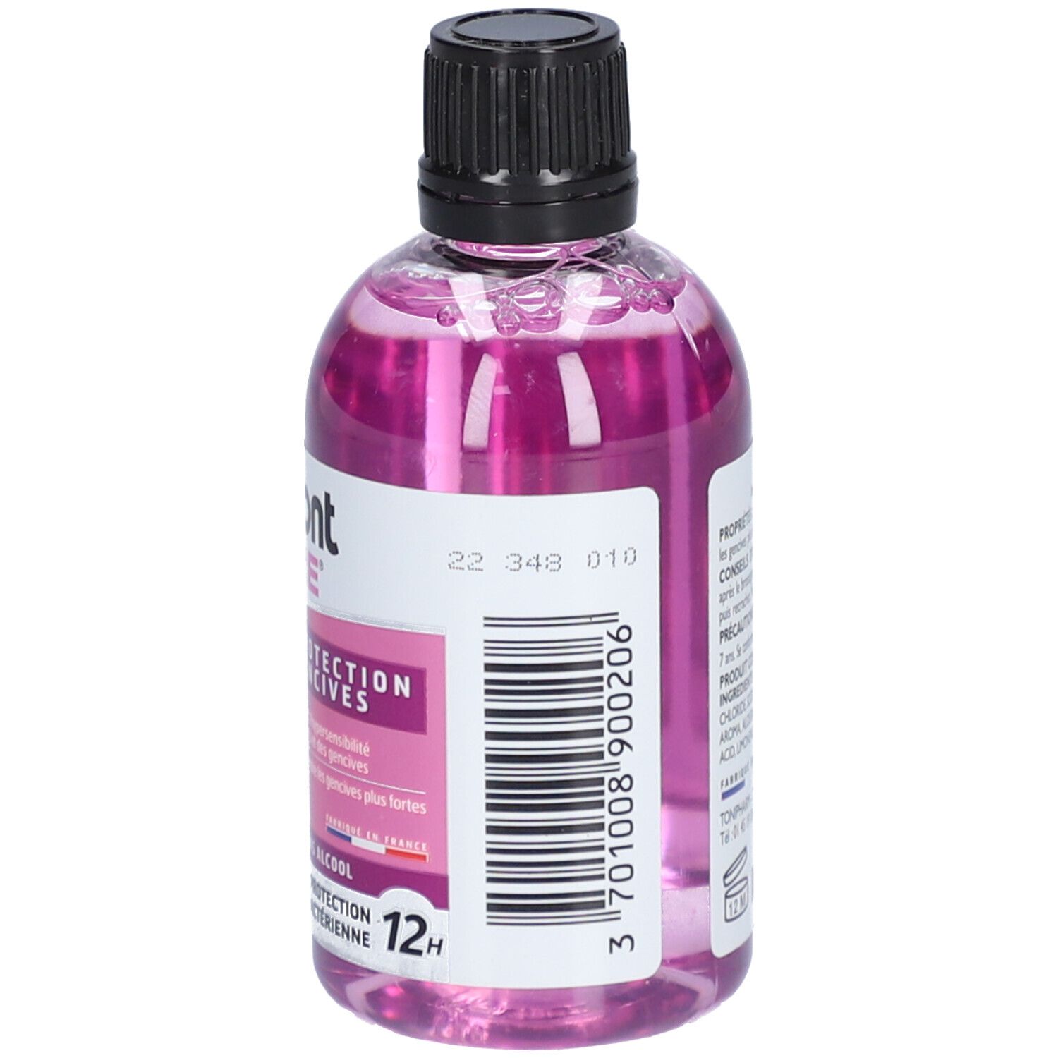 Achterkant van de mondspoelfles. Bevat informatie over ingrediënten en gebruik. Fles met zwarte dop.