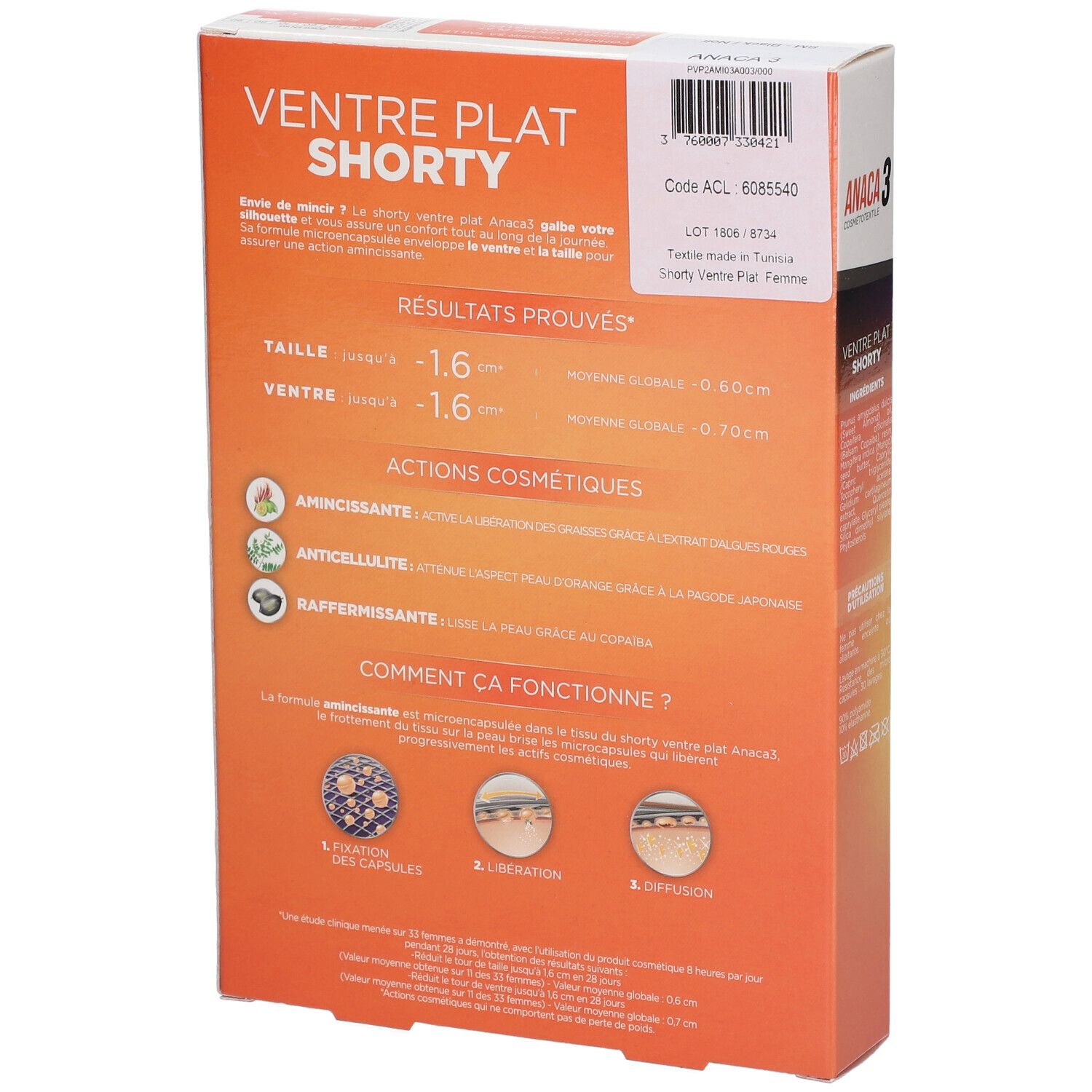 Dos de la boîte ANACA3 Shorty. Texte: Ventre Plat Shorty, Résultats, Actions, Comment ça marche. Code et informations fabricant.