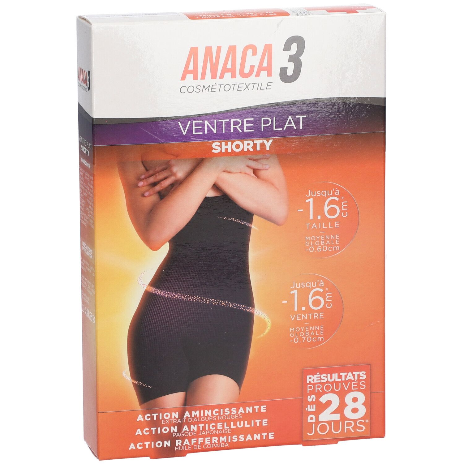 Boîte ANACA3 Shorty. Shorty noir. Texte: Ventre Plat, Action Amincissante, Anticellulite, Raffermissante. Résultats en 28 jours.