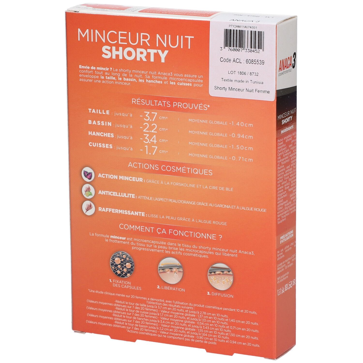 Dos de la boîte ANACA3 Shorts L/XL. Texte : MINCEUR NUIT Shorty. Indications de réduction de circonférence. Effets cosmétiques. Ingrédients.
