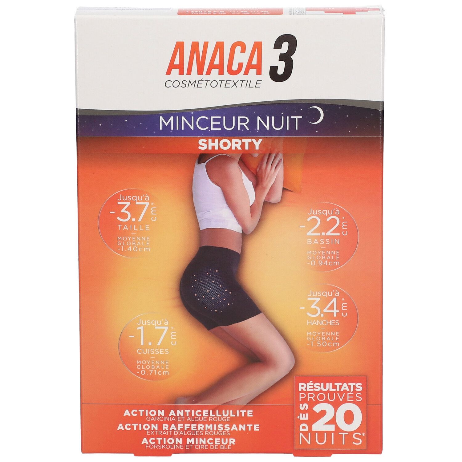 Boîte ANACA3 Shorts L/XL. Inscription : ANACA3, MINCEUR NUIT, Shorty. Illustration d'une femme en short. Indications de réduction de circonférence.