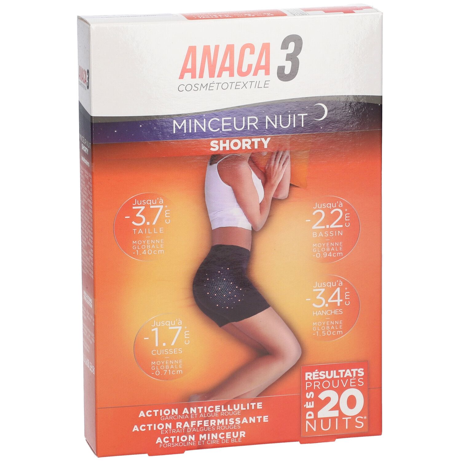Boîte ANACA3 Shorts L/XL. Inscription : ANACA3, MINCEUR NUIT, Shorty. Illustration d'une femme en short. Indications de réduction de circonférence.