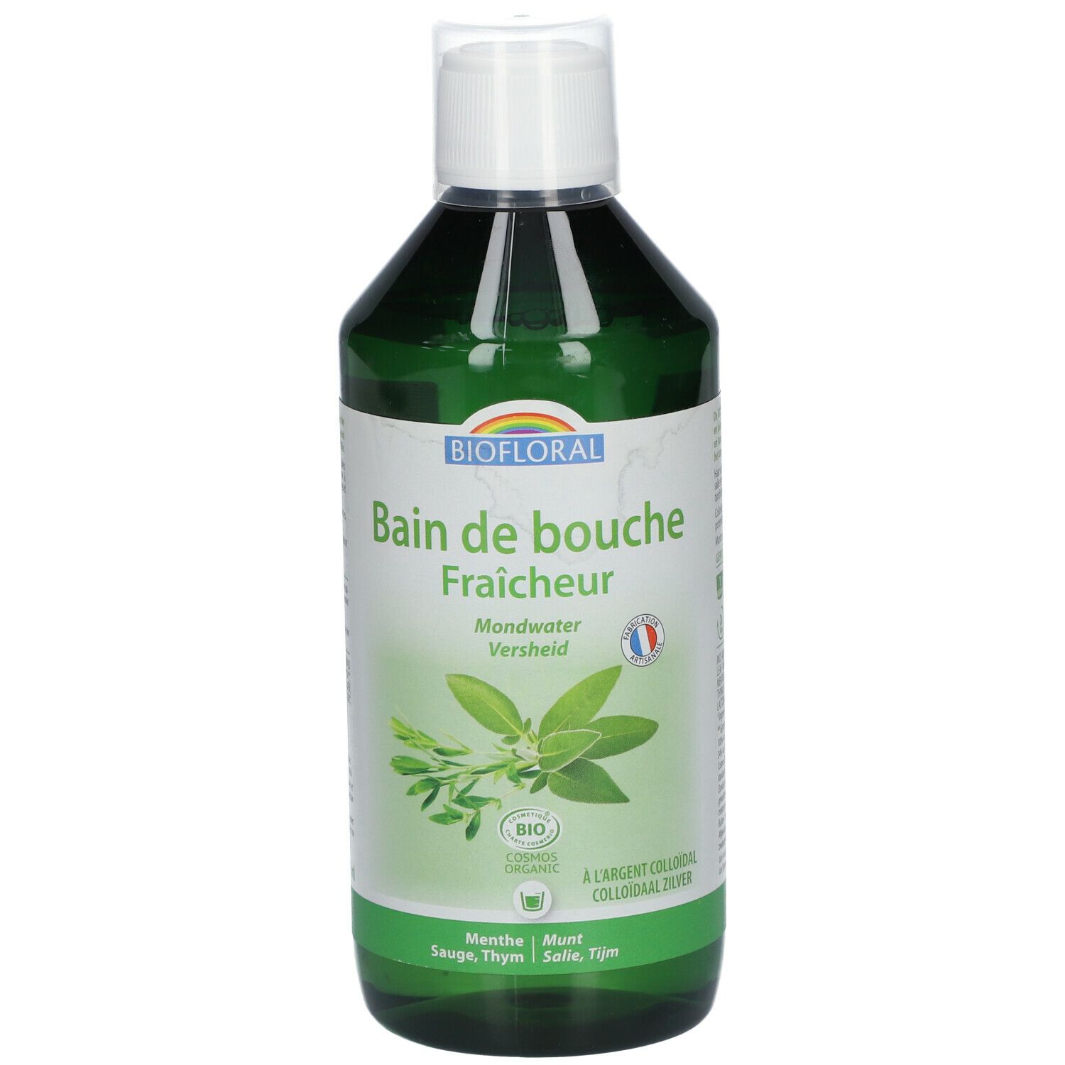 Flacon vert BIOFLORAL Bain de bouche. Étiquette avec nom du produit, illustration d'herbes, label bio et drapeau français.