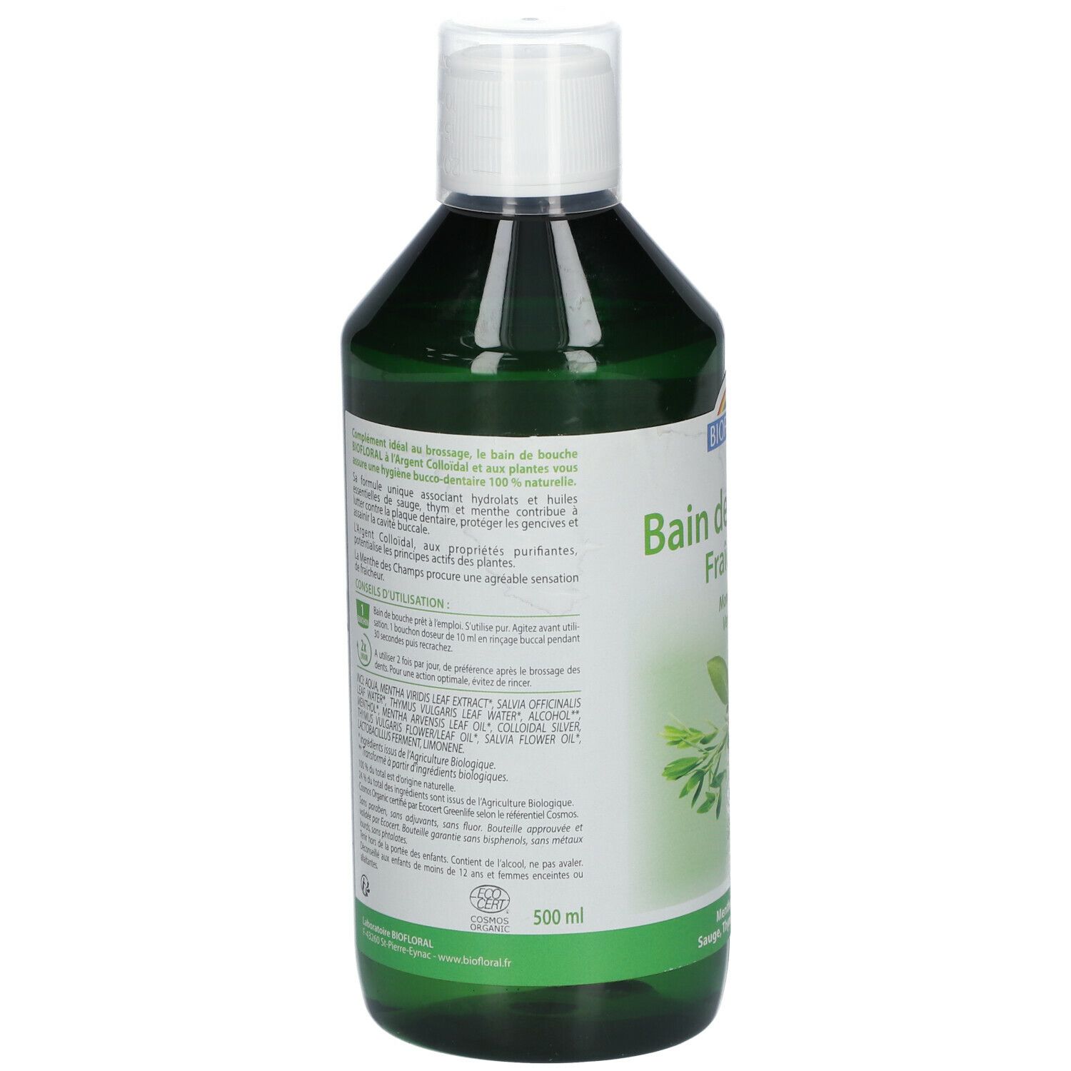 Dos du flacon vert BIOFLORAL Bain de bouche. Informations textuelles, ingrédients, certification bio et indication de volume.