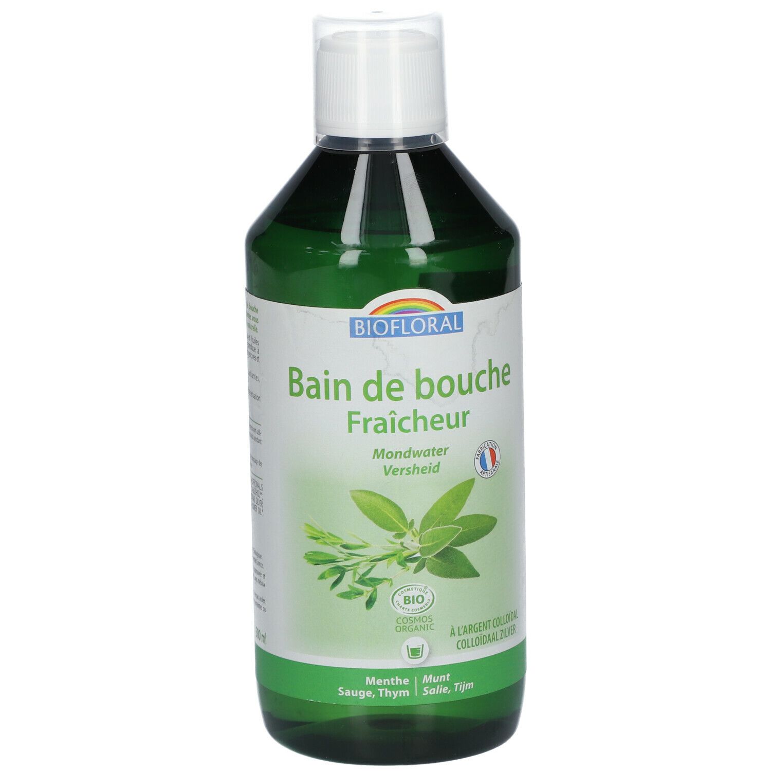 Flacon vert BIOFLORAL Bain de bouche. Étiquette avec nom du produit, illustration d'herbes, label bio et drapeau français.