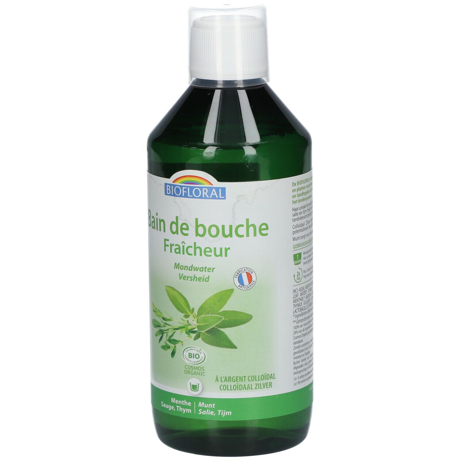 Flacon vert BIOFLORAL Bain de bouche. Étiquette avec nom du produit, illustration d'herbes, label bio et drapeau français.