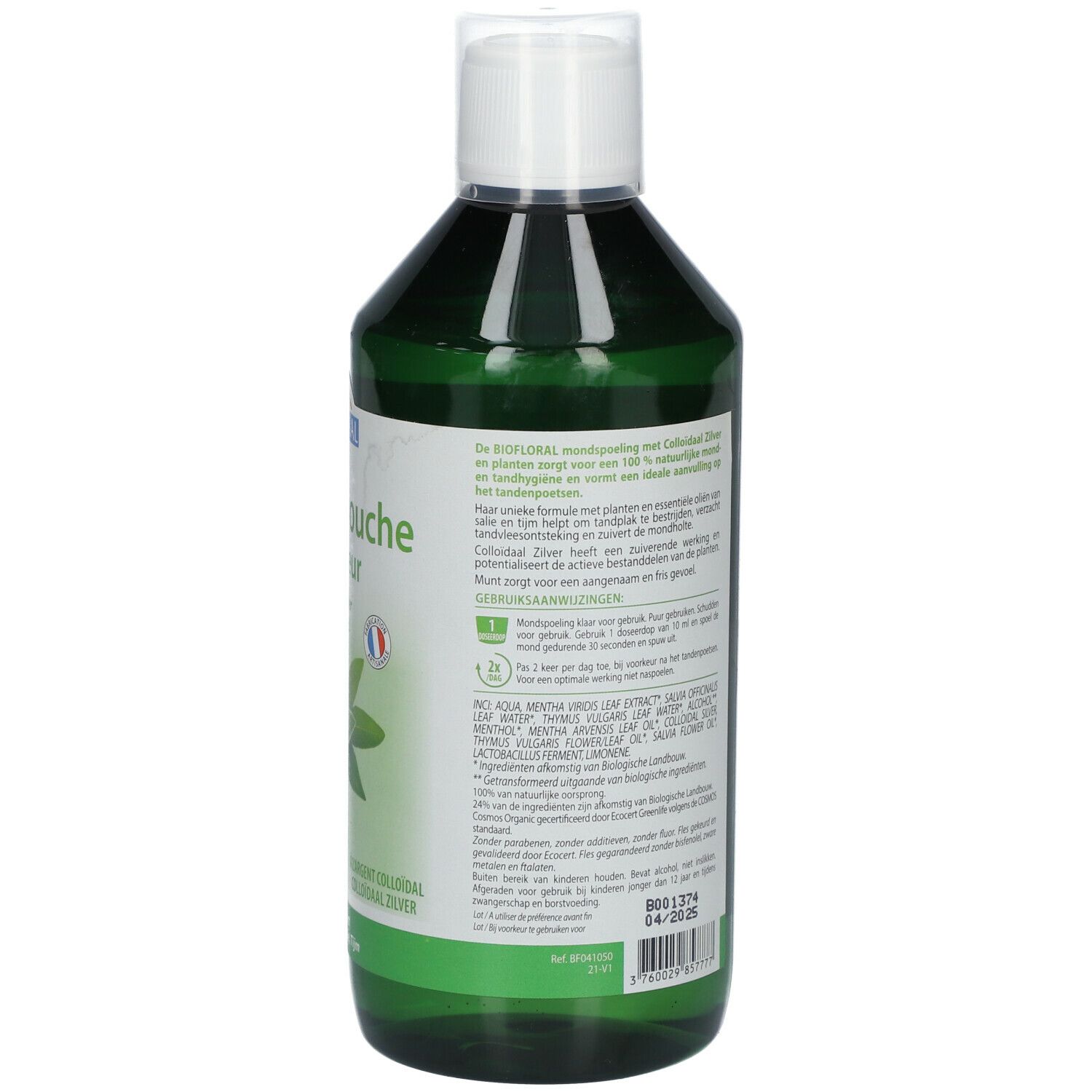Dos du flacon vert BIOFLORAL Bain de bouche. Texte, ingrédients, numéro de lot et certification bio.