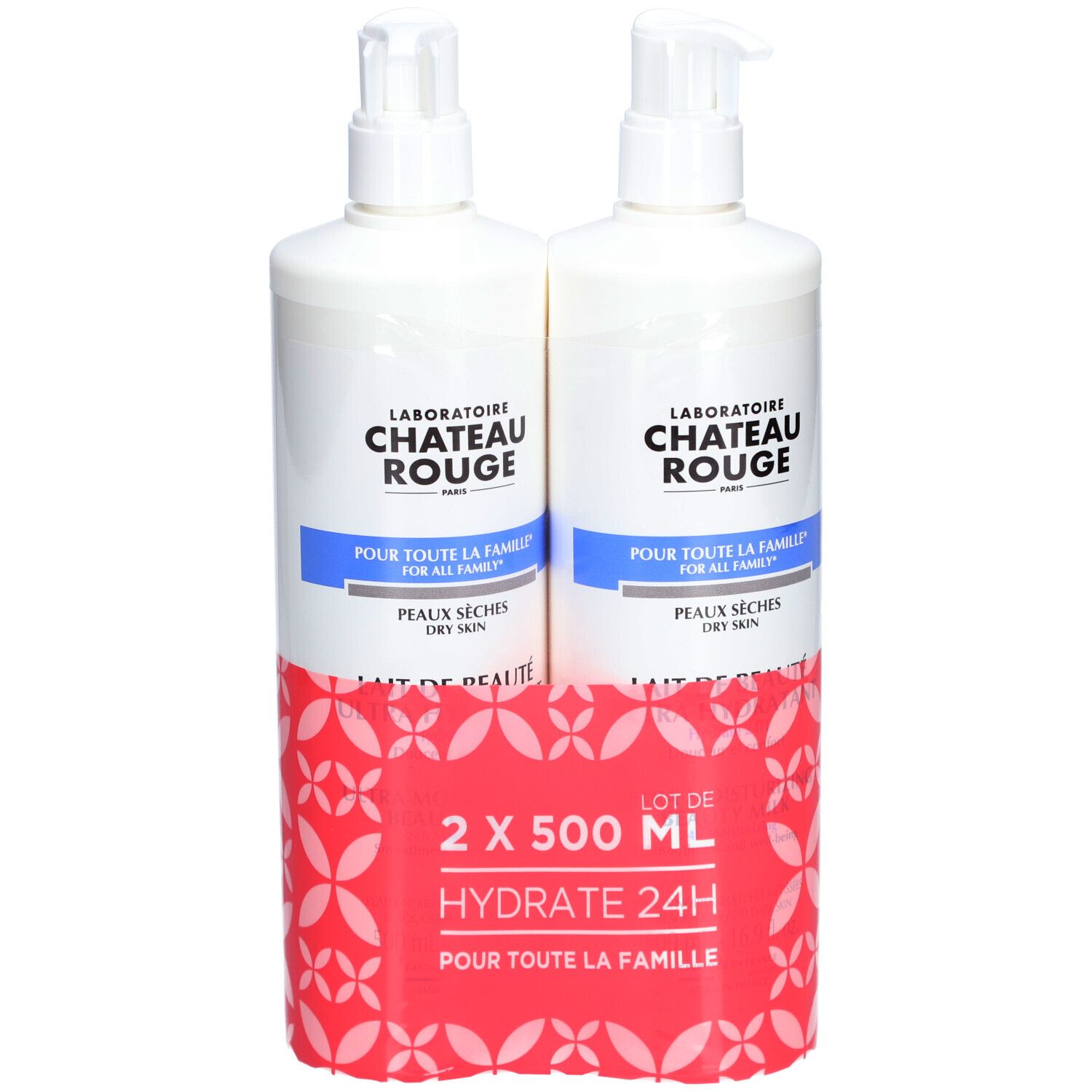 Twee witte flessen Lait de Beauté met pomp. Opschrift: Laboratoire Château Rouge, Peaux Sèches, Hydrate 24H.