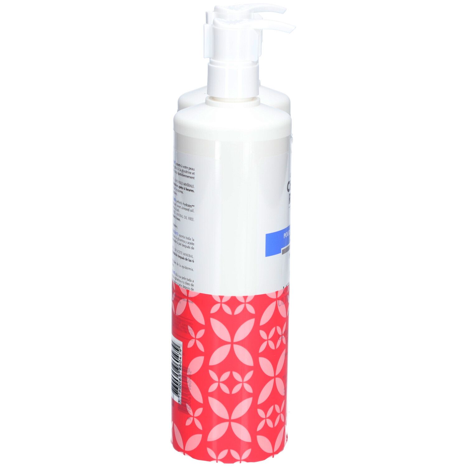 Twee witte flessen Lait de Beauté met pomp. Achterkant met productinfo en barcode.