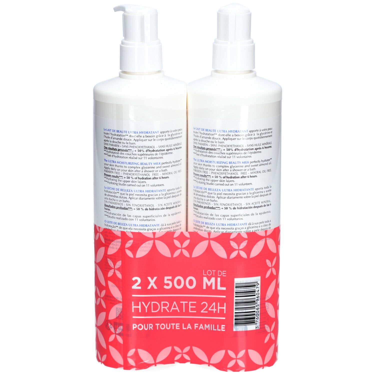 Twee witte flessen Lait de Beauté met pomp. Achterkant met productinfo en barcode.