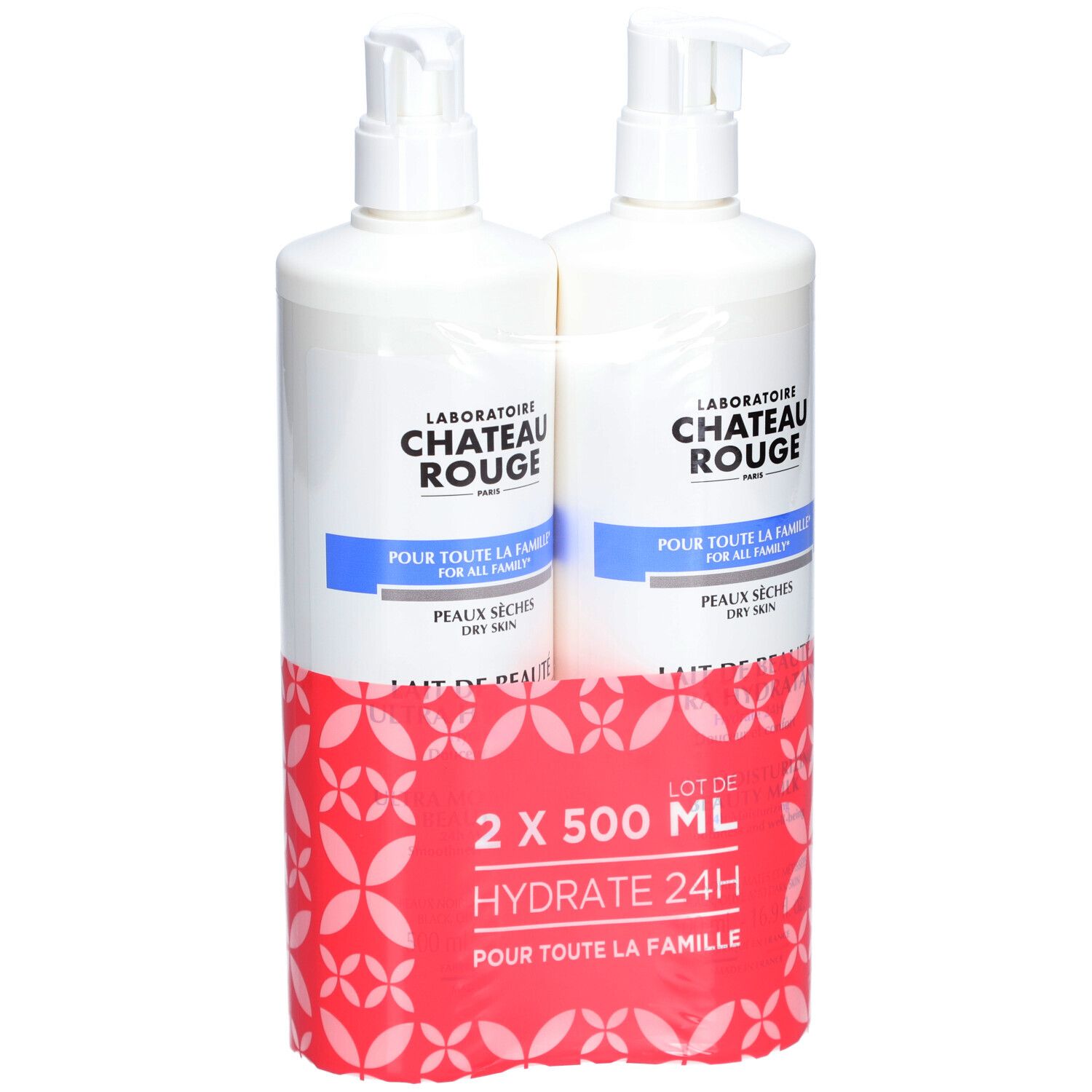 Twee witte flessen Lait de Beauté met pomp. Opschrift: Laboratoire Château Rouge, Peaux Sèches, Hydrate 24H.