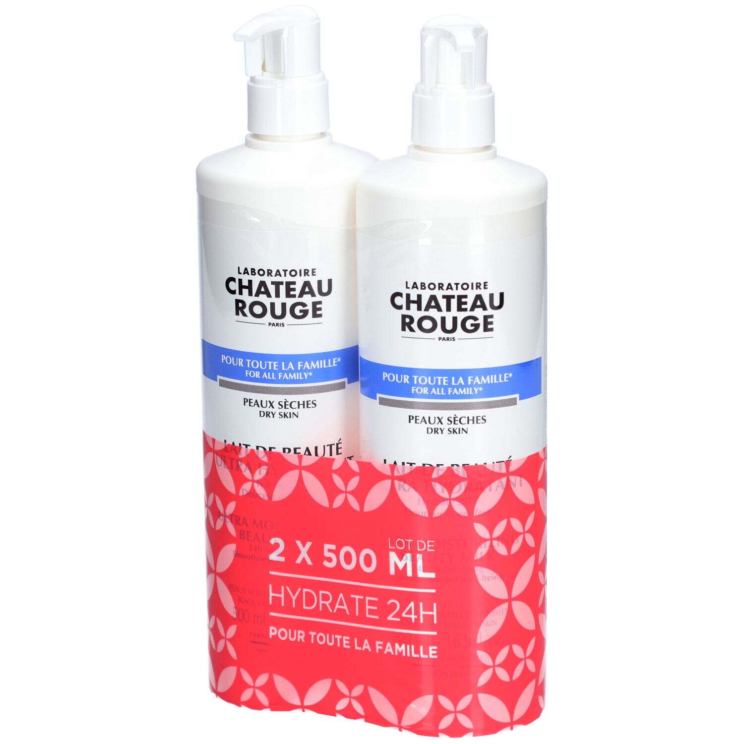Twee witte flessen Lait de Beauté met pomp. Opschrift: Laboratoire Château Rouge, Peaux Sèches, Hydrate 24H.