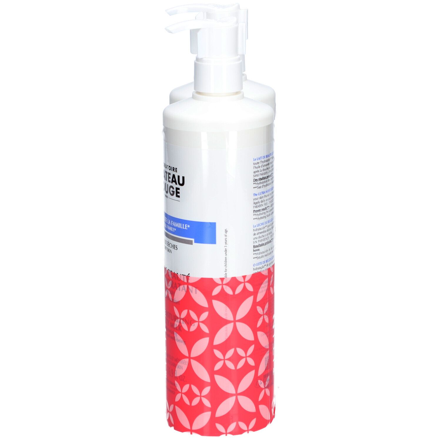 Twee witte flessen Lait de Beauté met pomp. Achterkant met productinfo en barcode.