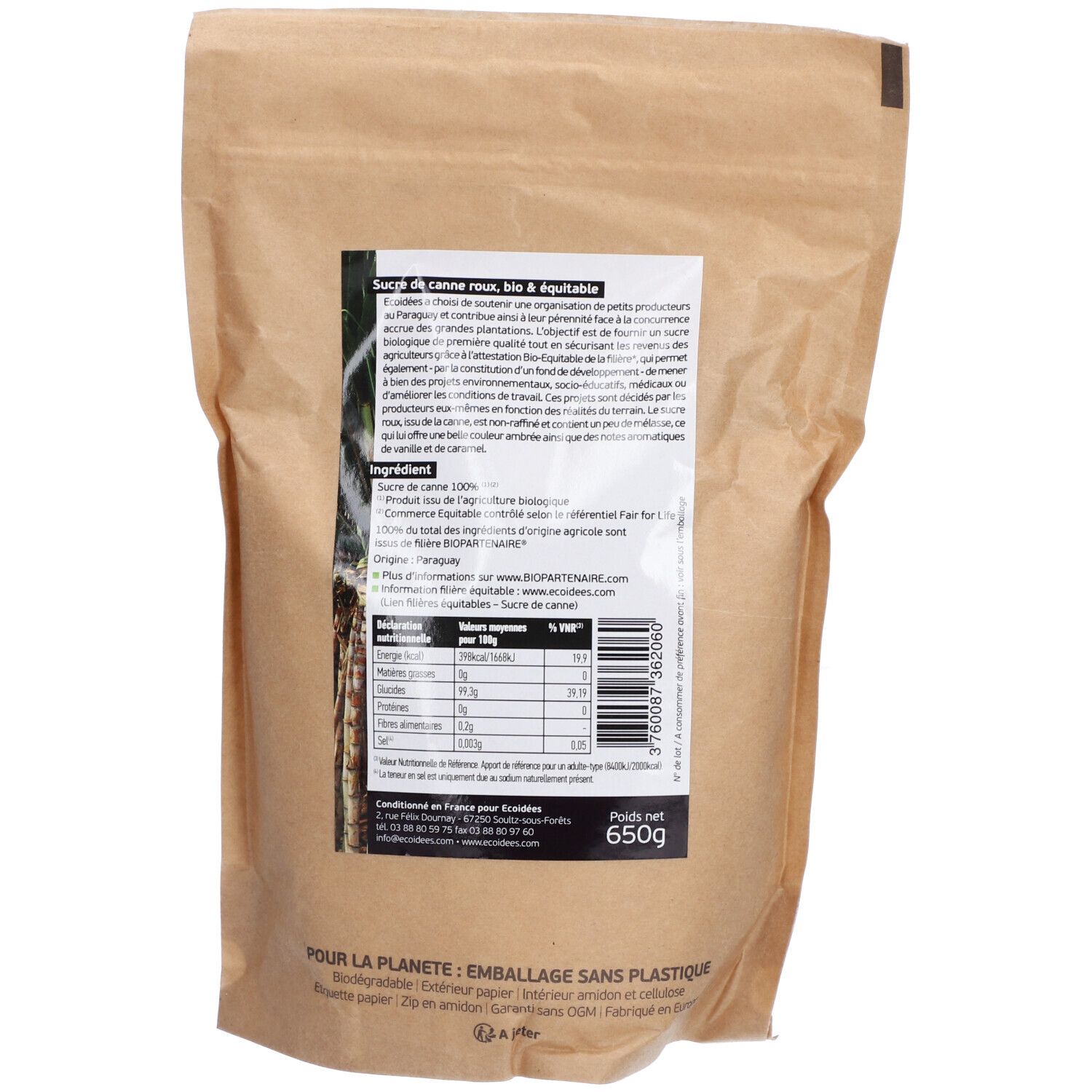 Rückseite der Papiertüte mit braunem Zucker. Text: Zutaten, Nährwertangaben, Herkunft, 650g.