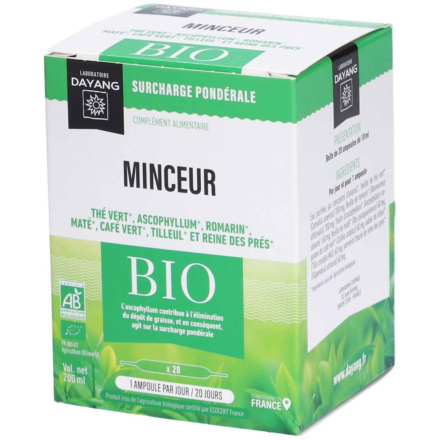 Boîte verte "MINCEUR BIO". Contient 20 ampoules. Label AB. Fabricant : DAYANG. Ingrédients et informations nutritionnelles.
