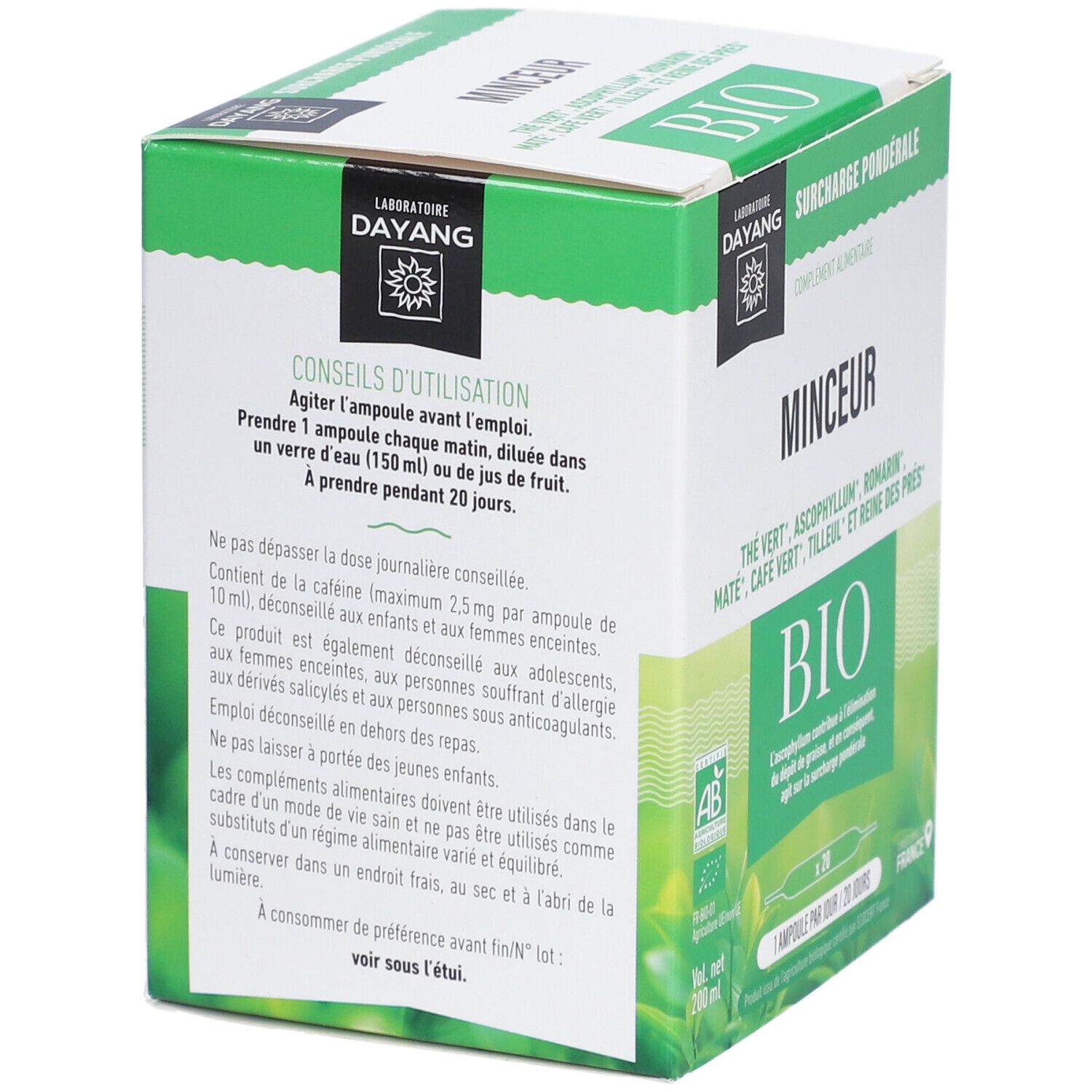 Boîte verte "MINCEUR BIO". Conseils d'utilisation : 1 ampoule/jour. Avertissements. Fabricant : DAYANG.