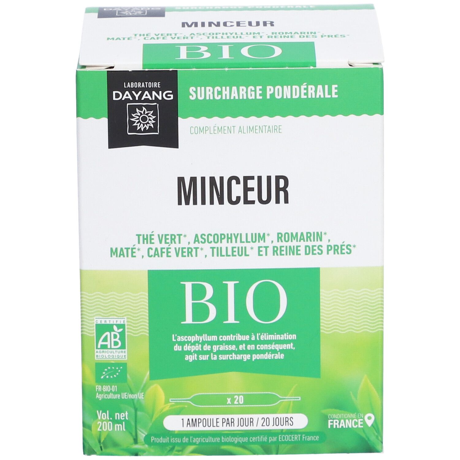 Boîte verte "MINCEUR BIO". Contient 20 ampoules. Label AB. Fabricant : DAYANG. 1 ampoule par jour.
