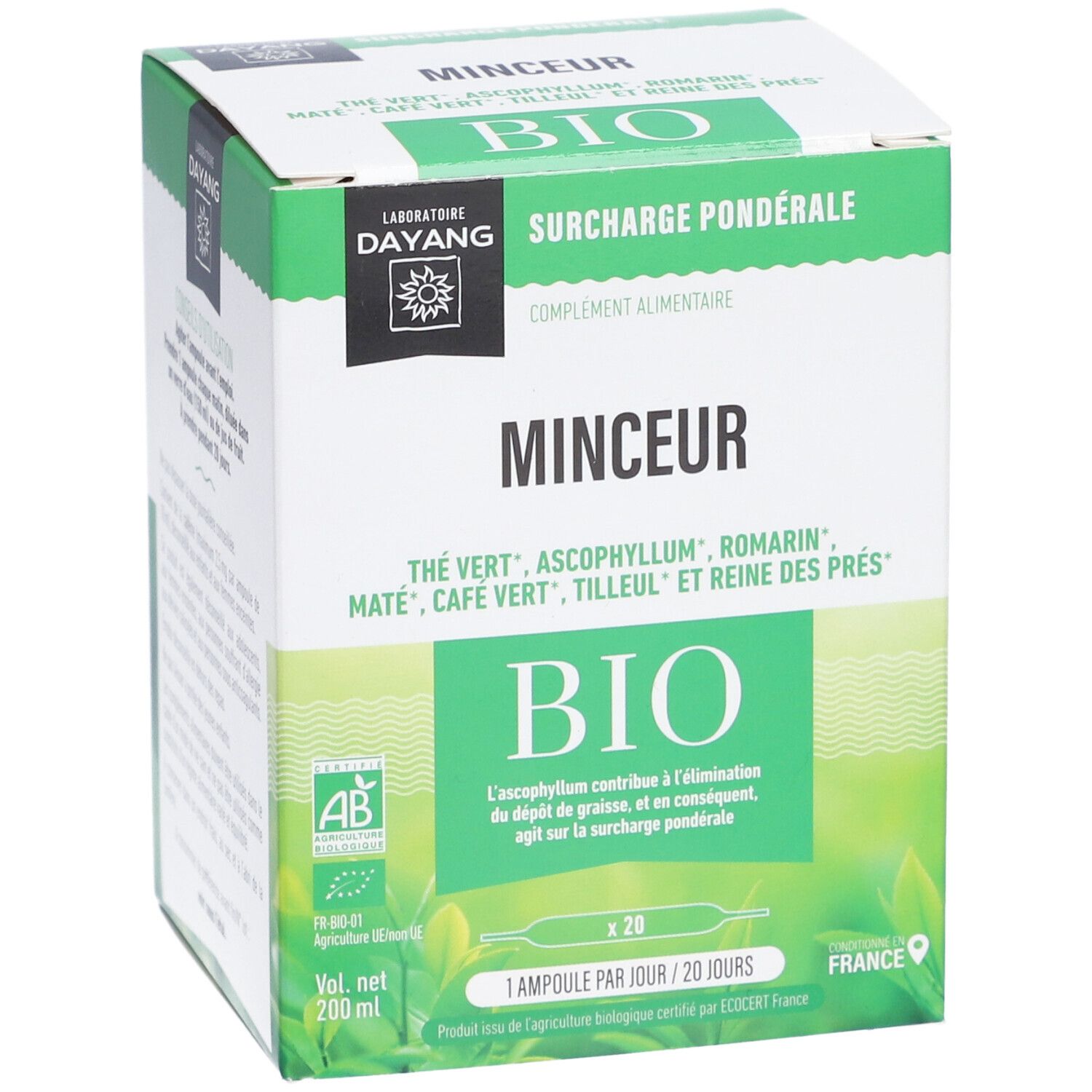 Boîte verte "MINCEUR BIO". Contient 20 ampoules. Label AB. Fabricant : DAYANG. 1 ampoule par jour.