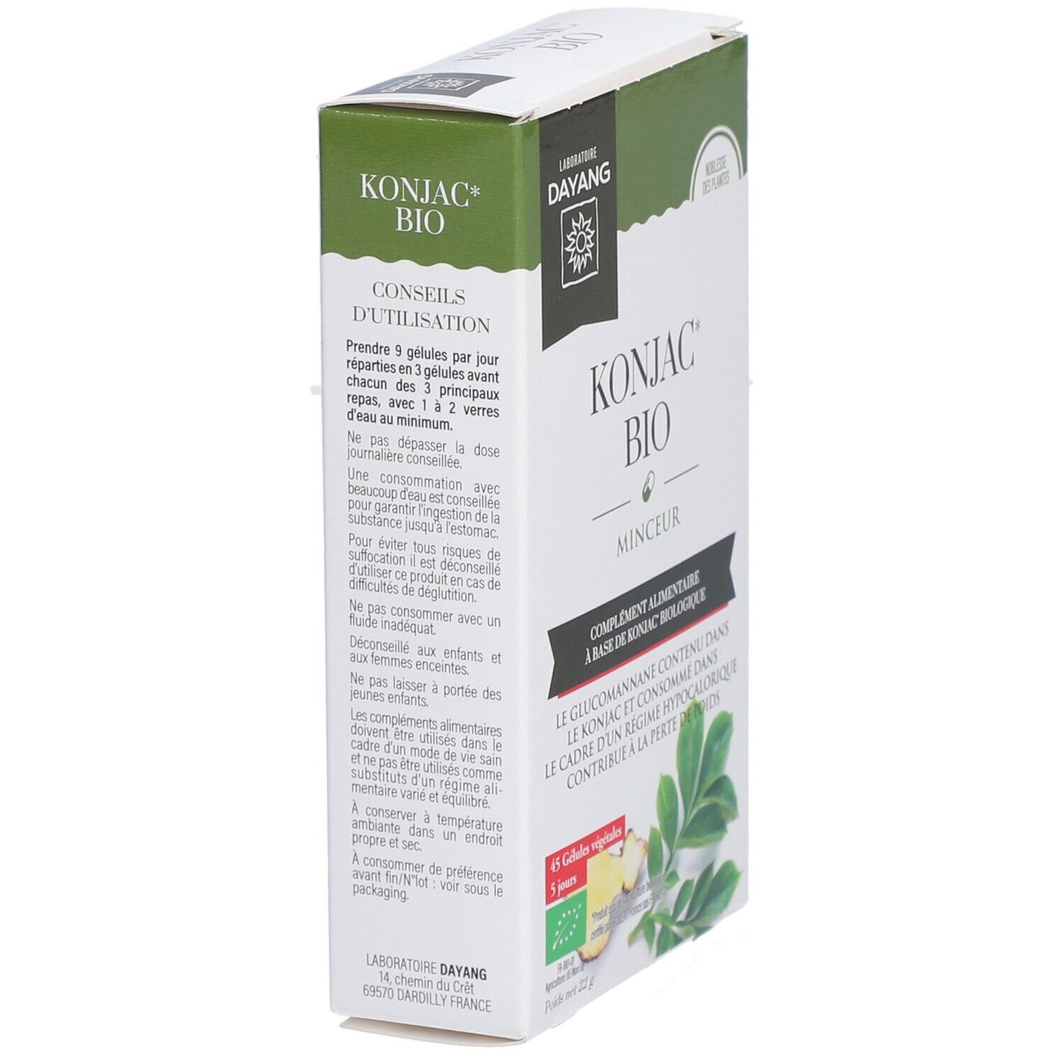 Dayang Konjac BIO-Verpackung, Seitenansicht. Text mit Anwendungshinweisen. Grün-weiße Verpackung.