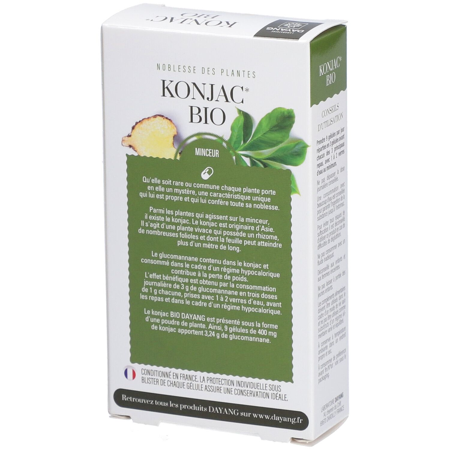Rückseite der Dayang Konjac BIO-Verpackung. Text über Inhaltsstoffe und Herkunft. Grün-weiße Verpackung.