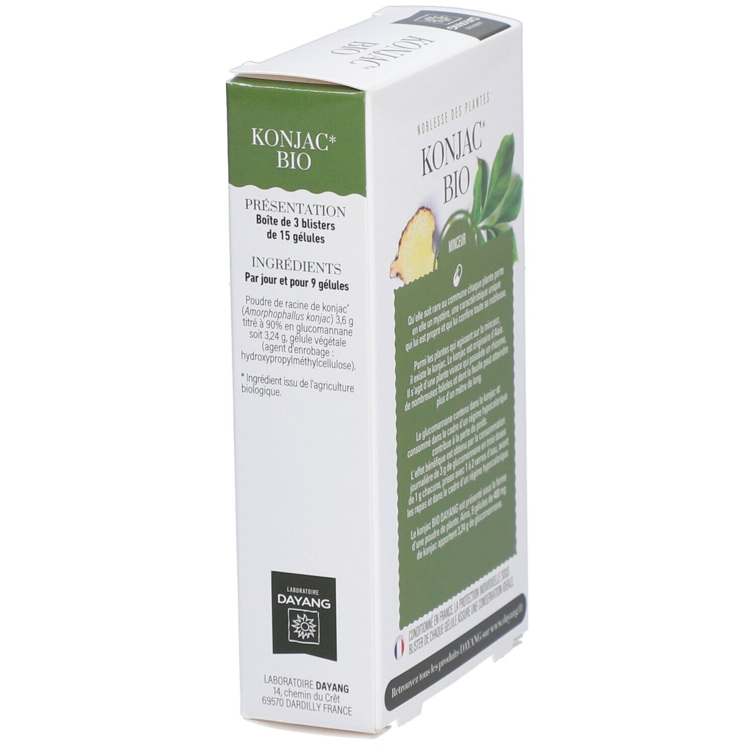Dayang Konjac BIO-Verpackung, Seitenansicht. Text mit Inhaltsangaben. Grün-weiße Verpackung.