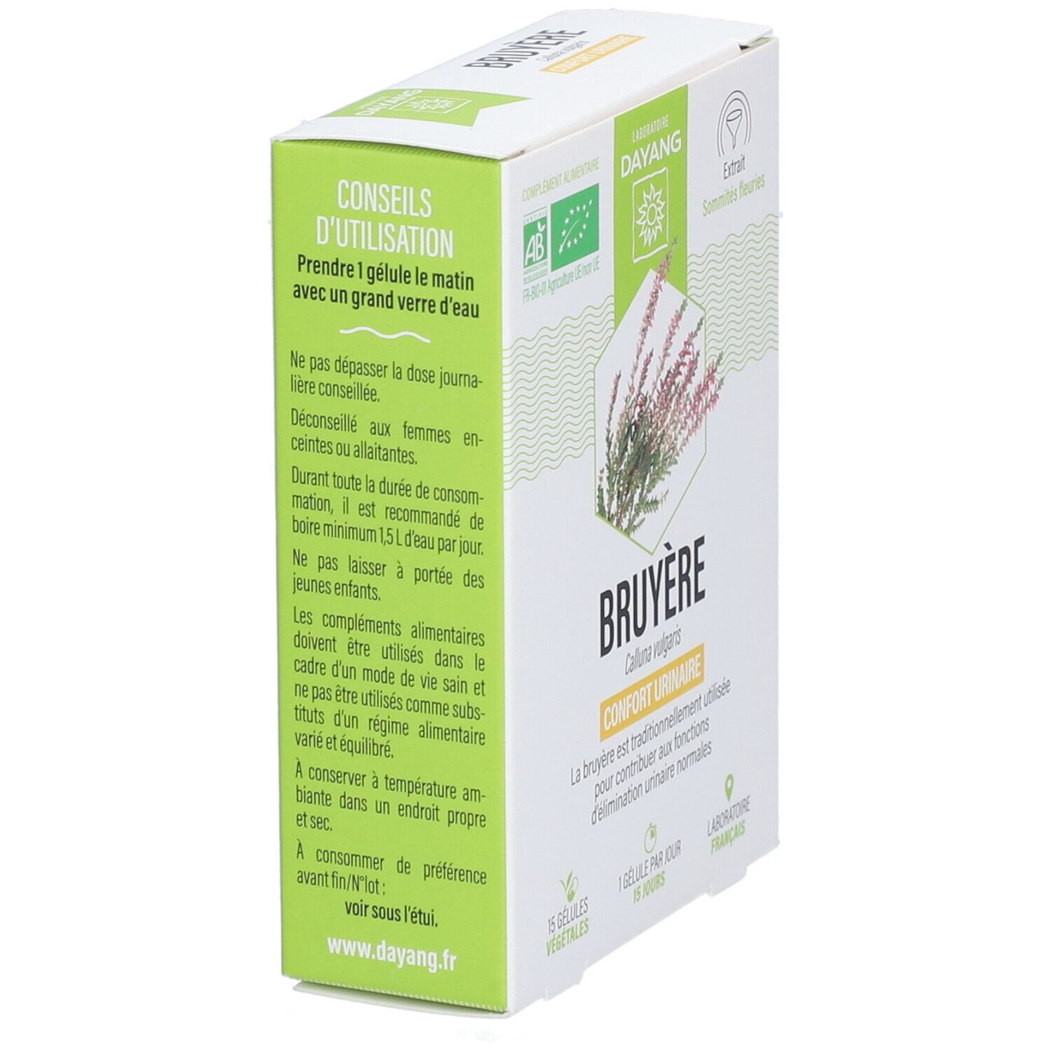 Schachtel DAYANG Heidekraut BIO. Aufschrift: Bruyère, Confort Urinaire. Mit AB-Bio-Logo. Gebrauchsanweisung auf der Seite.