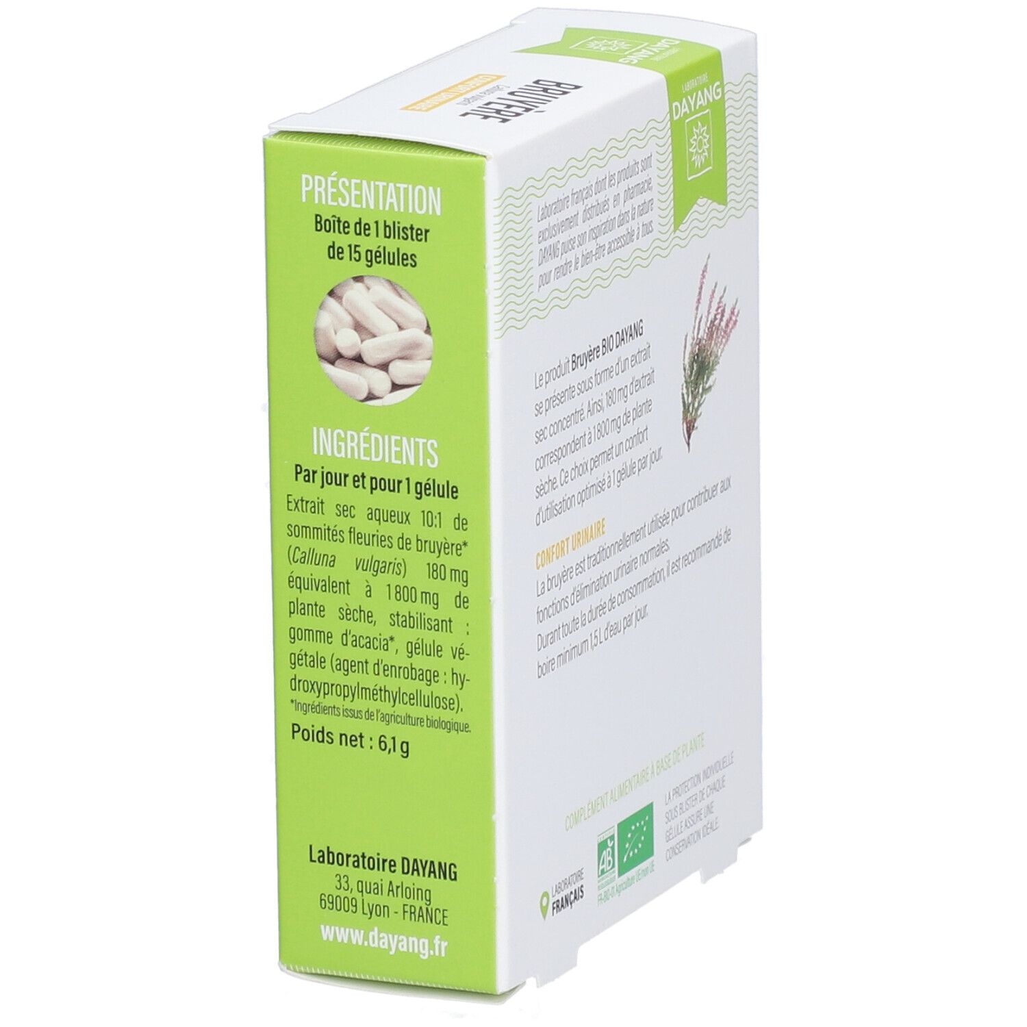 Schachtel DAYANG Heidekraut BIO. Aufschrift: Bruyère, Confort Urinaire. Mit AB-Bio-Logo. Zutatenliste und Präsentation.