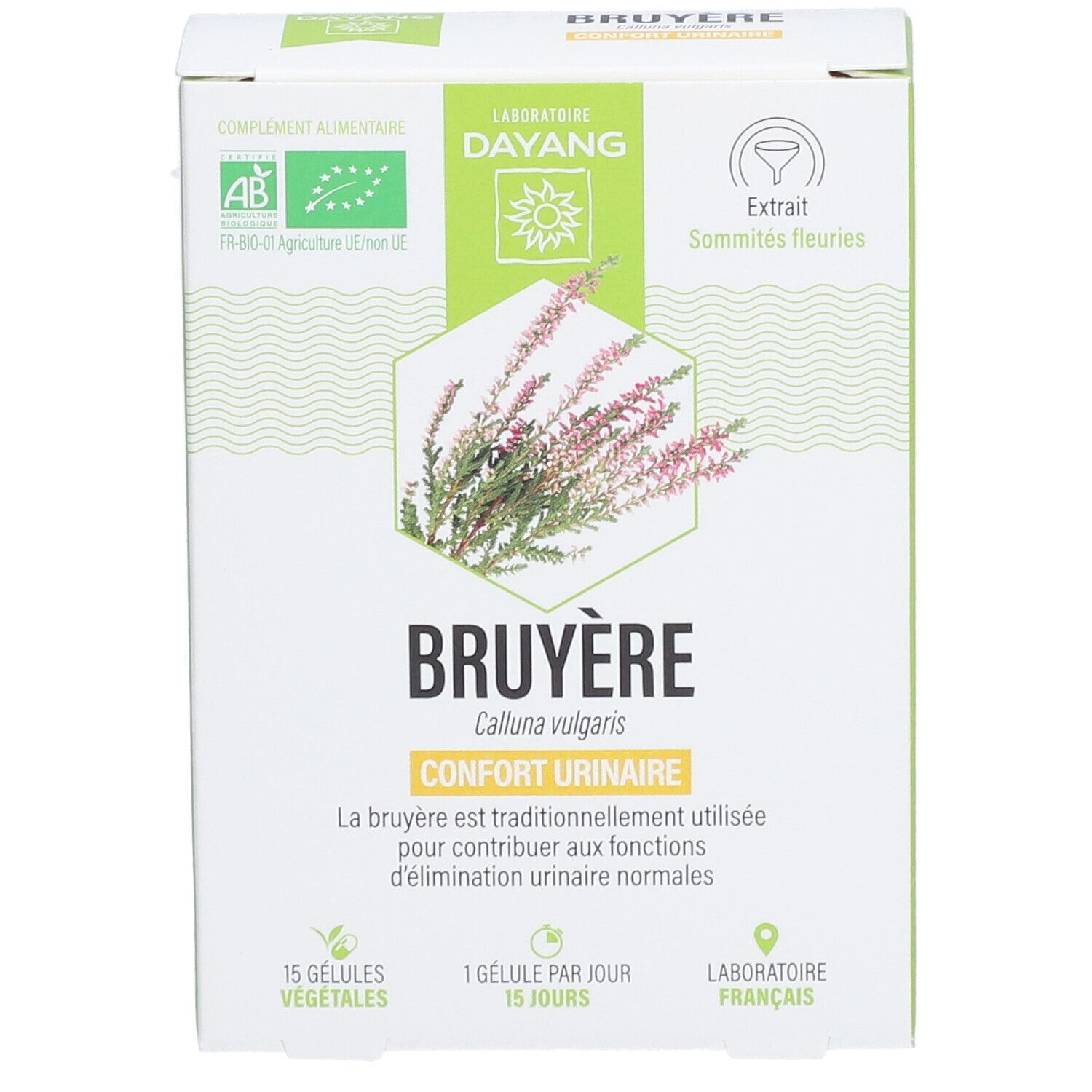 Schachtel DAYANG Heidekraut BIO. Aufschrift: Bruyère, Confort Urinaire. Mit AB-Bio-Logo und 15 vegetarischen Kapseln.
