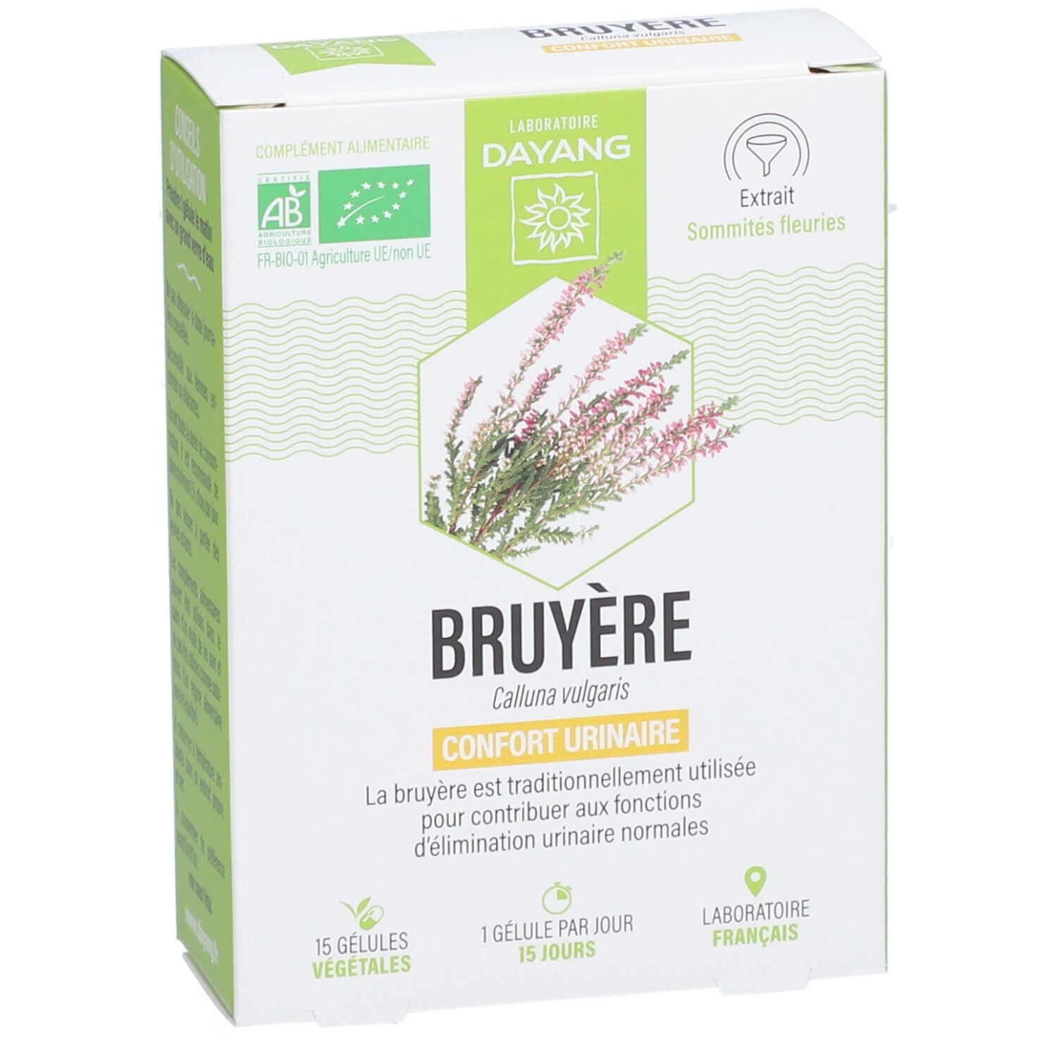 Schachtel DAYANG Heidekraut BIO. Aufschrift: Bruyère, Confort Urinaire. Mit AB-Bio-Logo und 15 vegetarischen Kapseln.