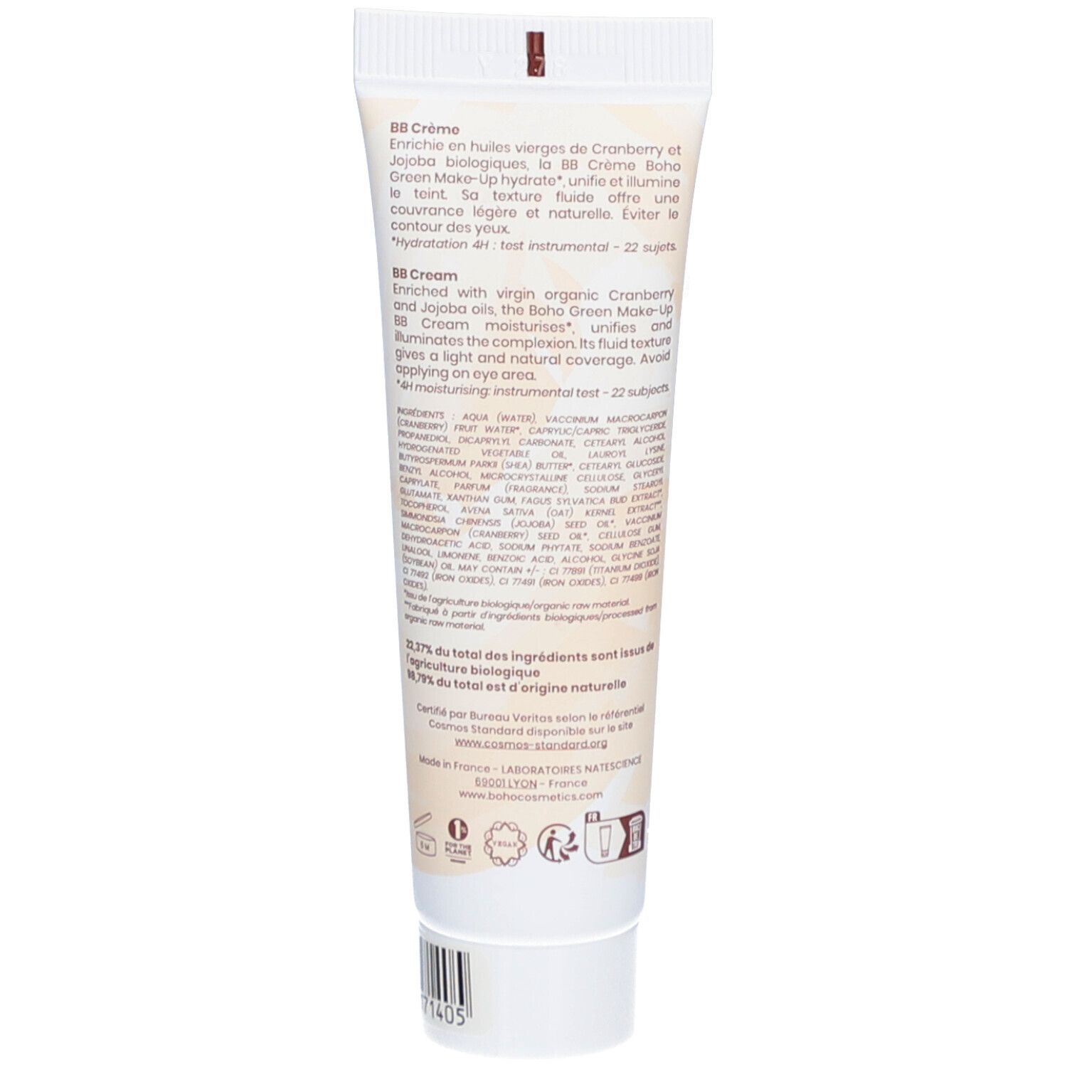 Dos du tube de BB Crème BOHO. Texte: ingrédients, description, certification BIO COSMOS ORGANIC.