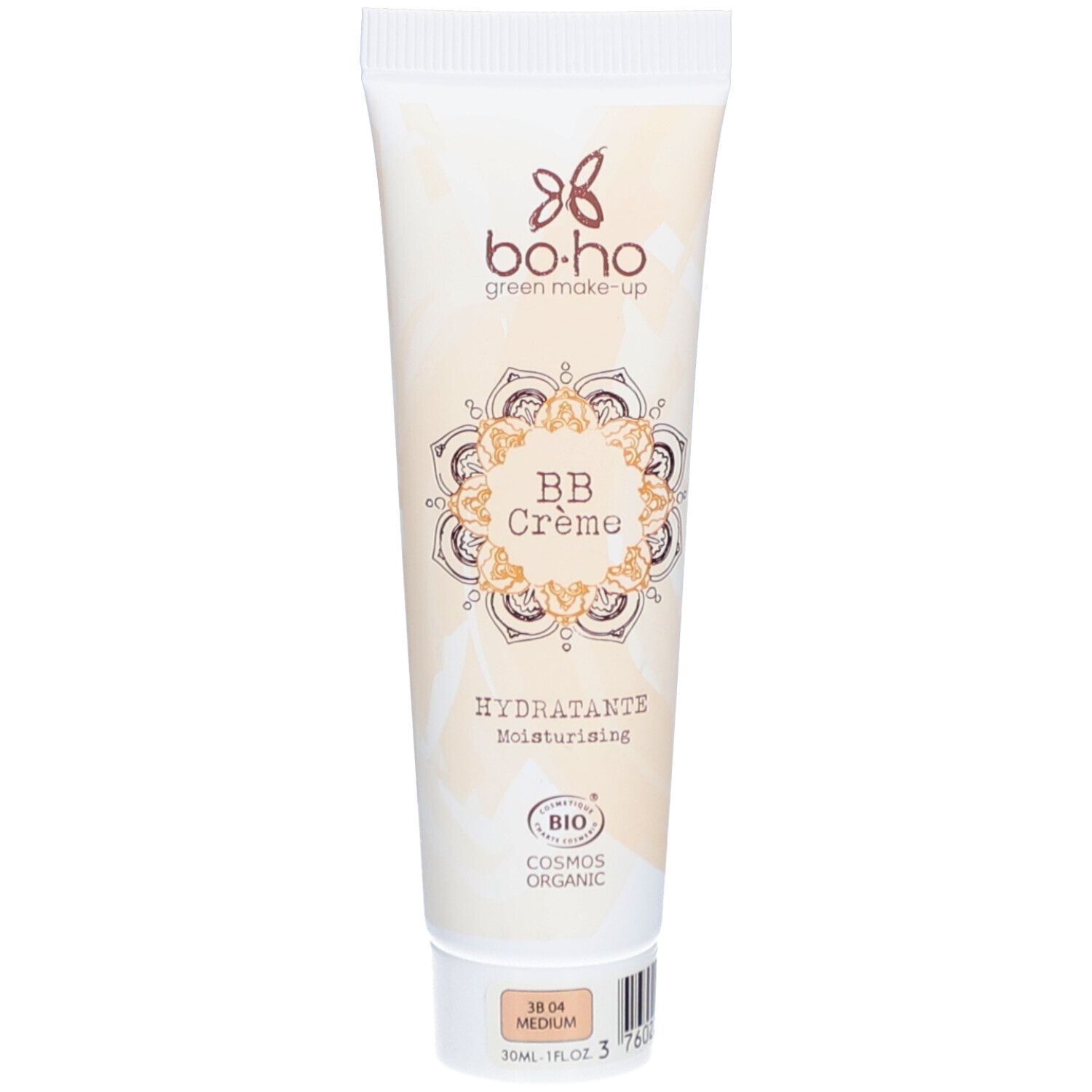 Tube de BB Crème BOHO 04 Medium. Inscription: BB Crème, Hydratante, Bio. Teinte beige. Produit cosmétique.