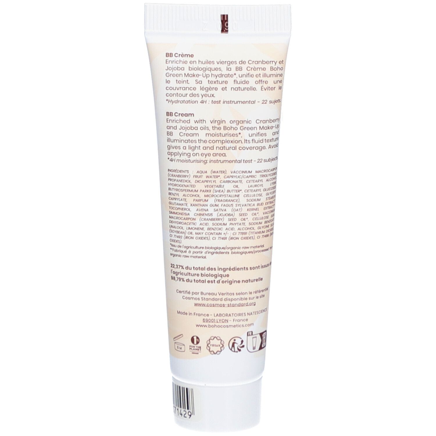 Dos du tube de BB Crème BOHO. Texte: ingrédients, description, certification bio. Fond blanc.