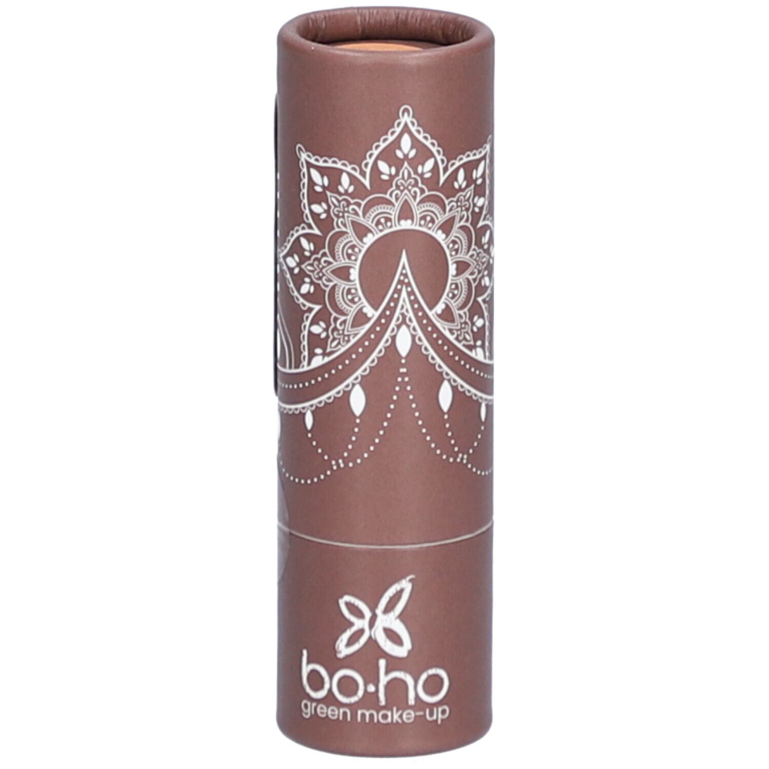 Emballage cylindrique marron avec motif mandala blanc et logo. Nom du produit non visible.
