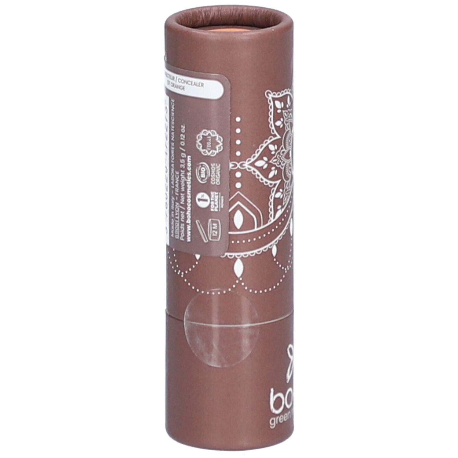 Emballage cylindrique marron avec motif mandala blanc et logo. Informations produit sur l'étiquette.