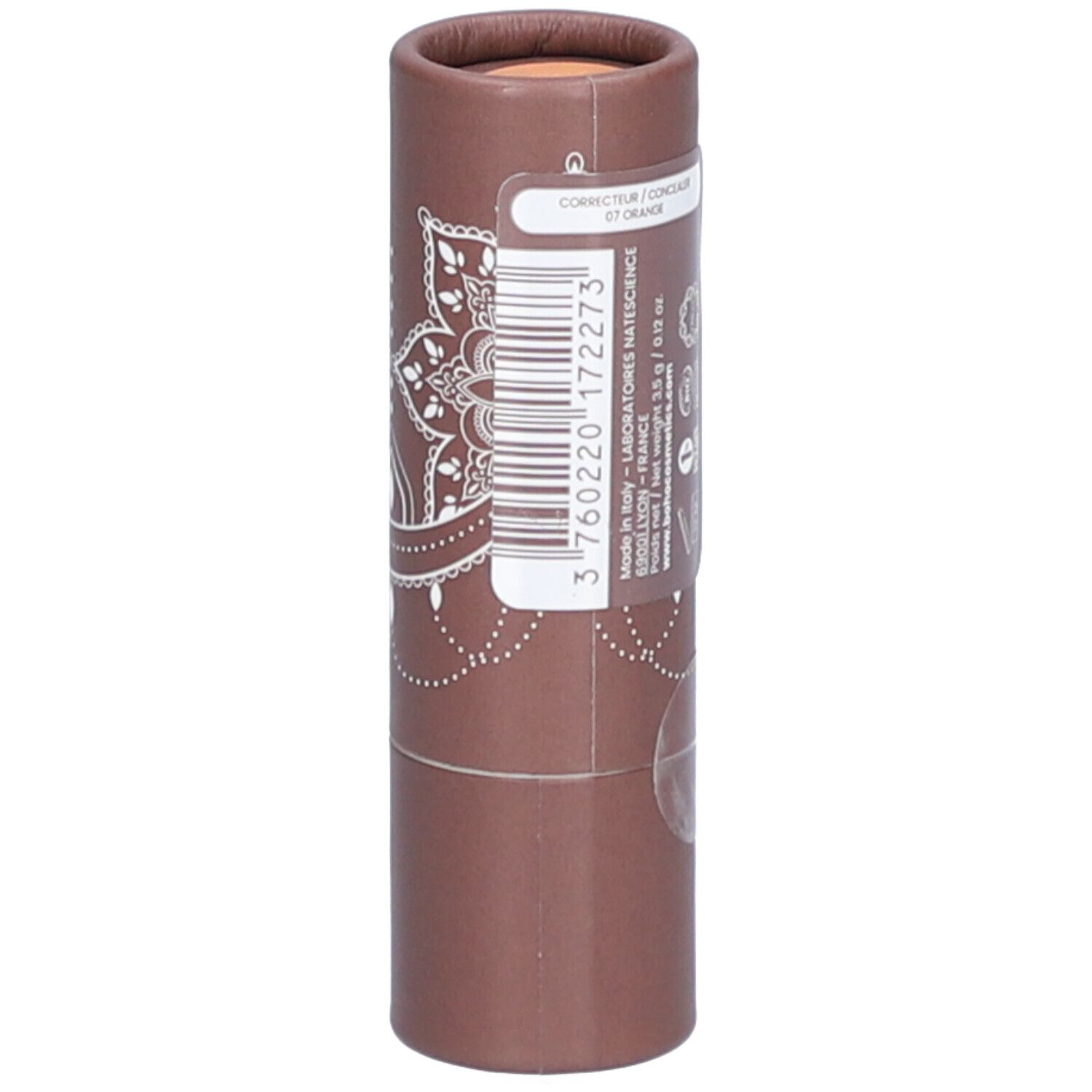 Emballage cylindrique marron avec motif mandala blanc et logo. Code-barres et informations produit.