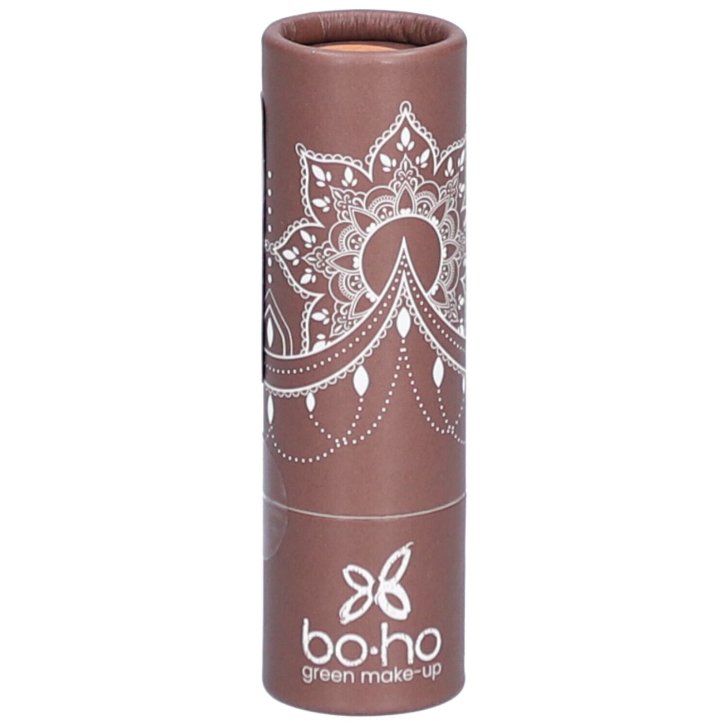 Emballage cylindrique marron avec motif mandala blanc et logo. Nom du produit non visible.